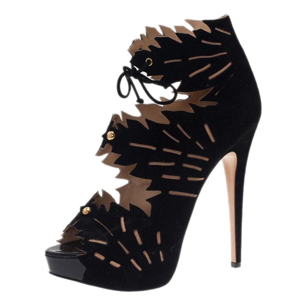 Charlotte Olympia Black Suede Eve Leaf Cutout Ankle Booties Size 40.5