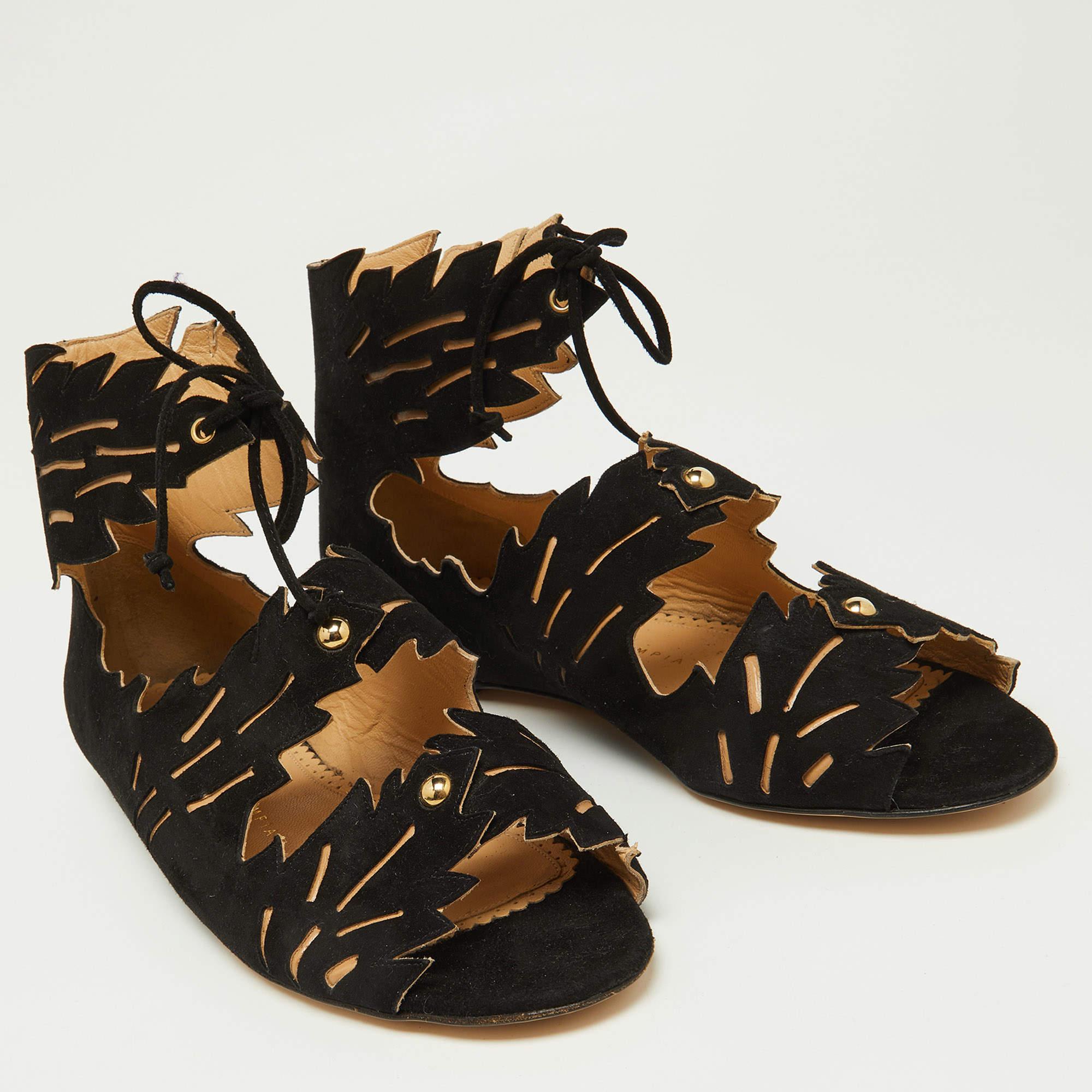 Women's Charlotte Olympia Black Suede Eve Leaf Flat Sandals Size 39 For Sale