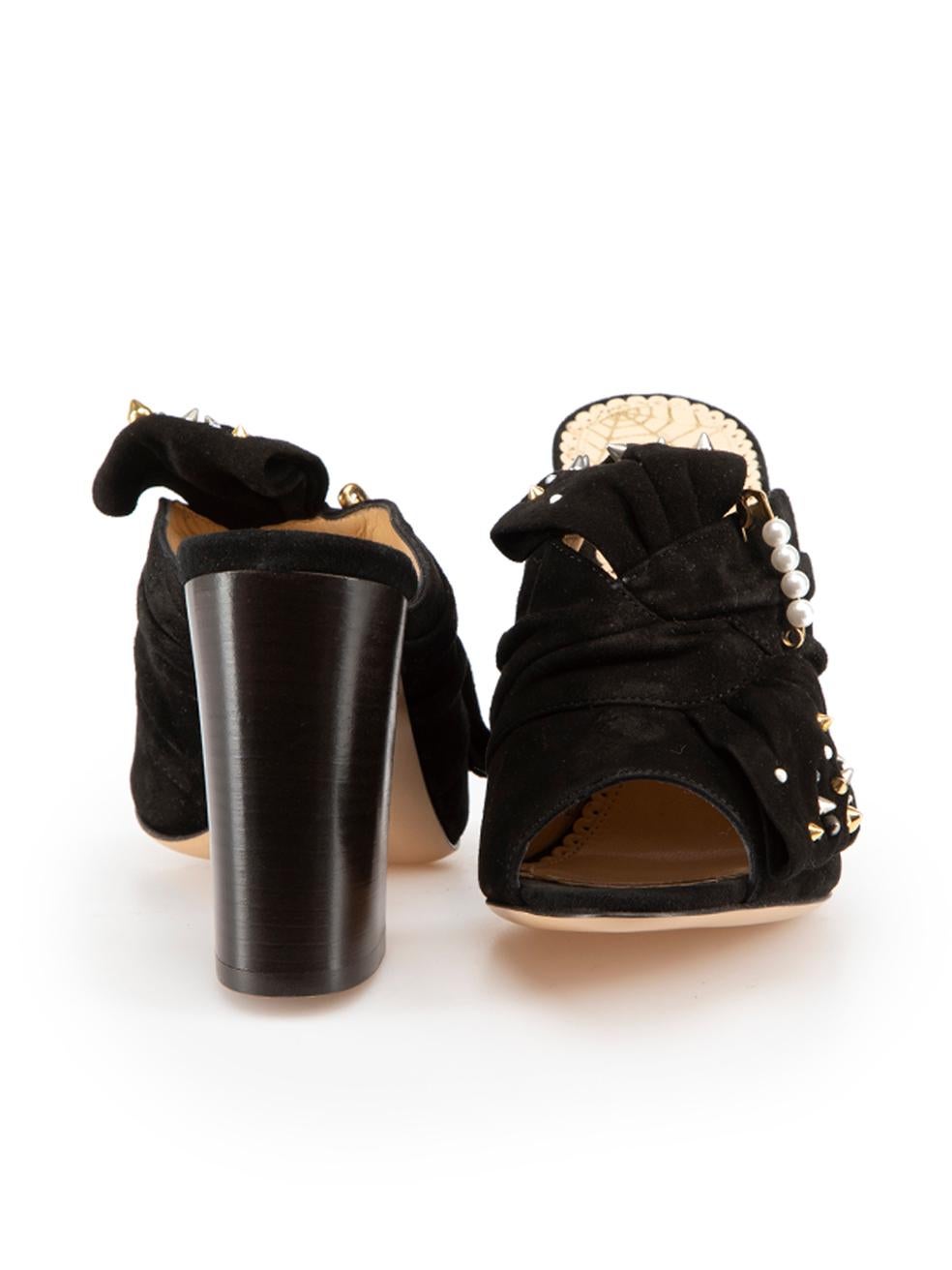 Charlotte Olympia Black Suede Faux Pearl Stud Mules Size IT 36 In New Condition For Sale In London, GB