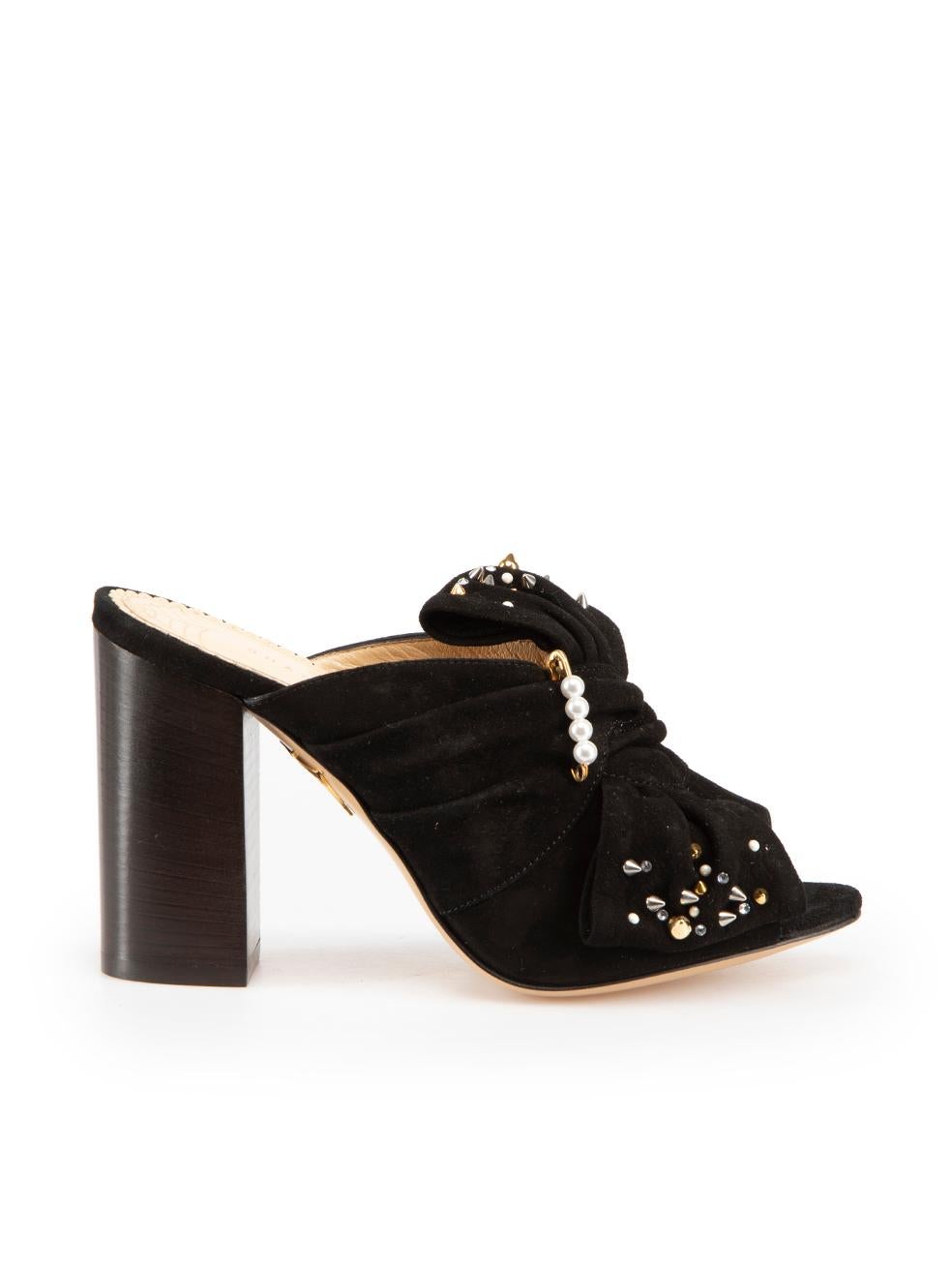 Charlotte Olympia Black Suede Faux Pearl Stud Mules Size IT 36 For Sale