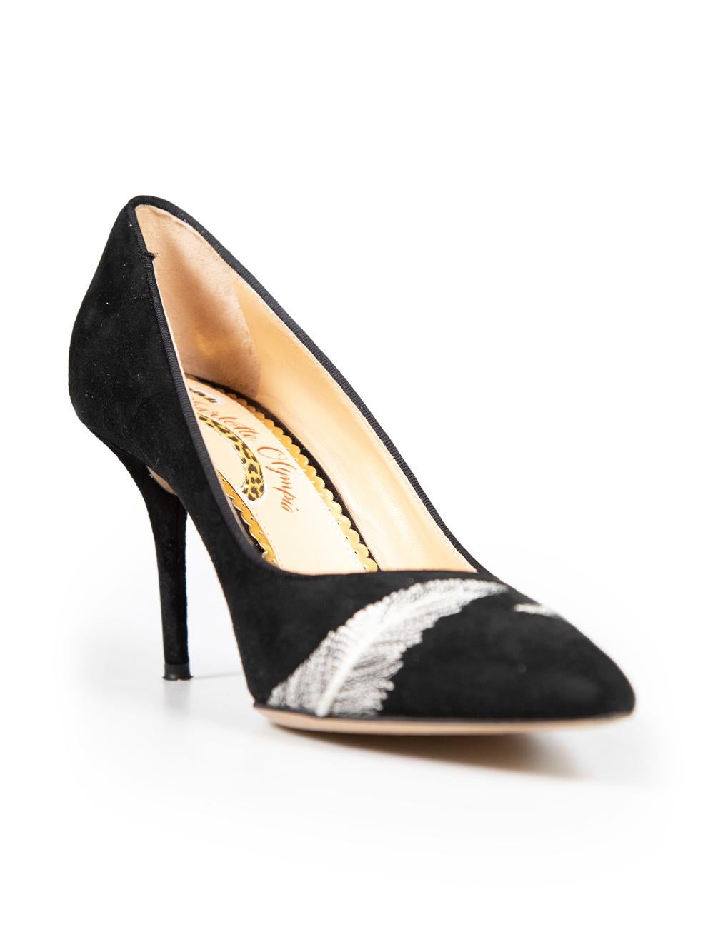 CONDITION is Very good. Minimal wear to pumps is evident. Small abrasions to both heels and loose thread on the upper right side of the left shoe on this used Charlotte Olympia designer resale item. This item comes with an original box.
 
 
 

