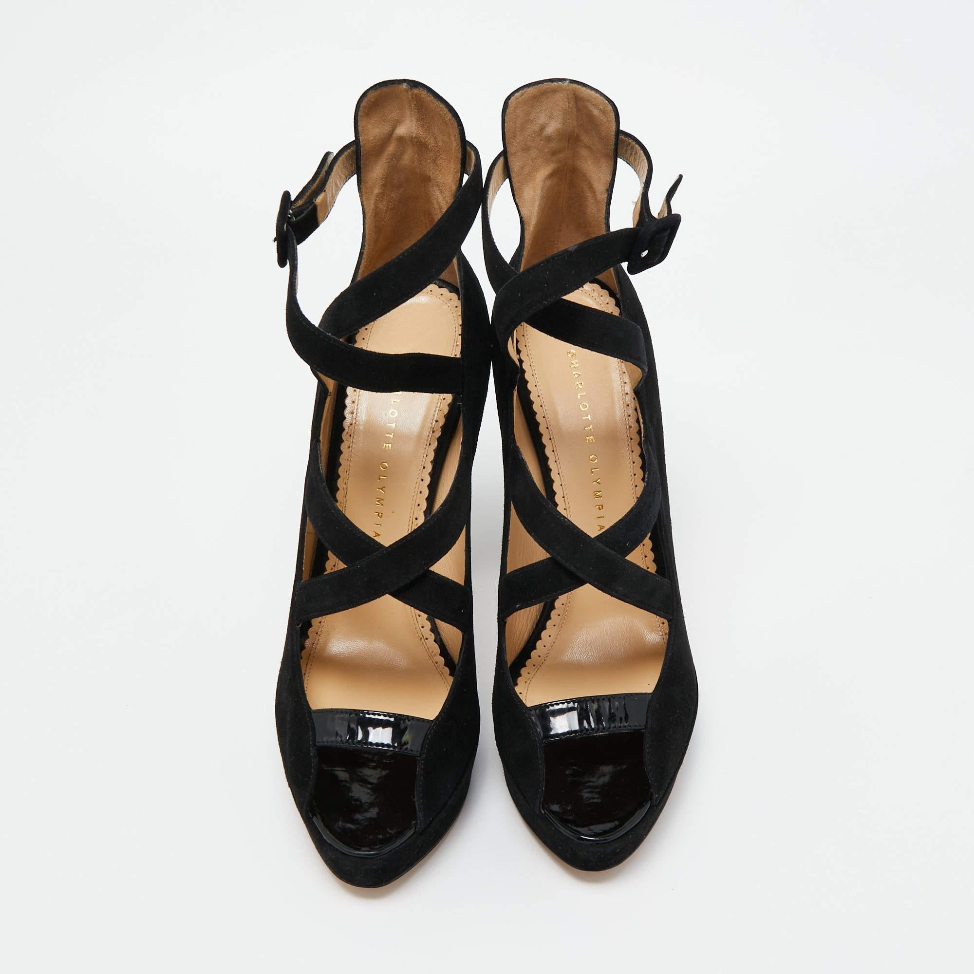 Charlotte Olympia Black Suede Gladys Strappy Platform Sandals Size 41 In New Condition For Sale In Dubai, Al Qouz 2