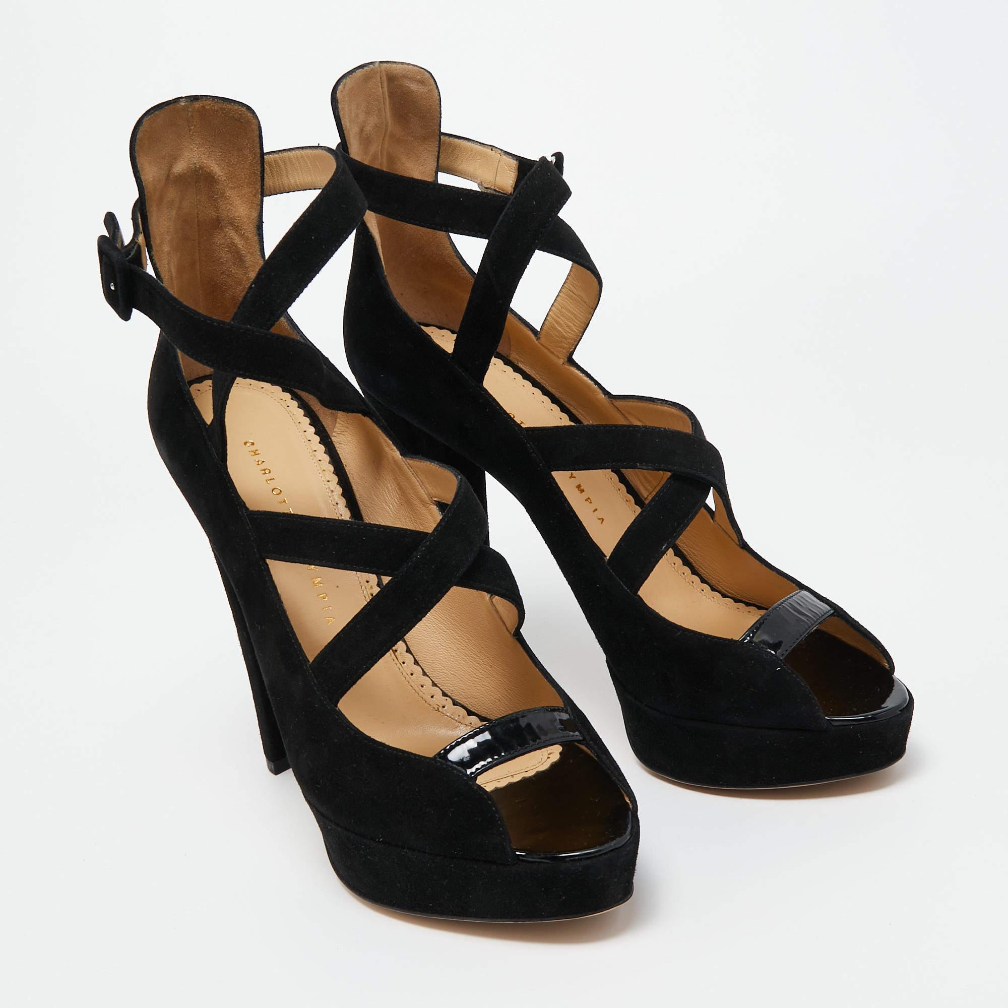 Charlotte Olympia Black Suede Gladys Strappy Platform Sandals Size 41 In New Condition For Sale In Dubai, Al Qouz 2