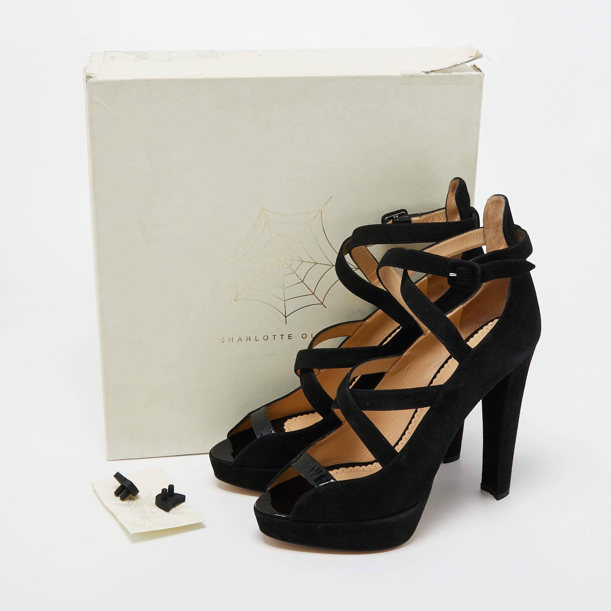Charlotte Olympia Black Suede Gladys Strappy Platform Sandals Size 41 For Sale 4