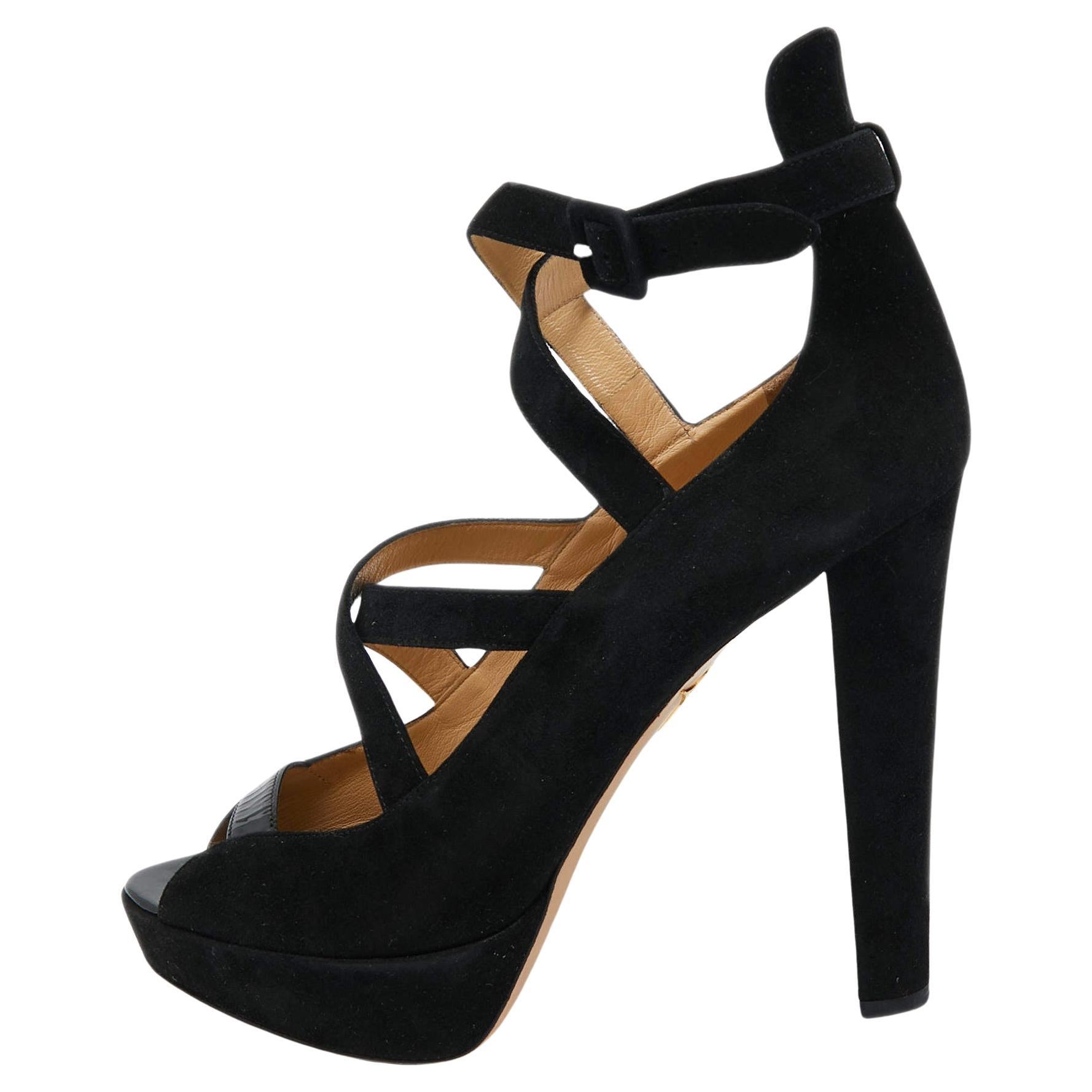Charlotte Olympia Black Suede Gladys Strappy Platform Sandals Size 41 For Sale