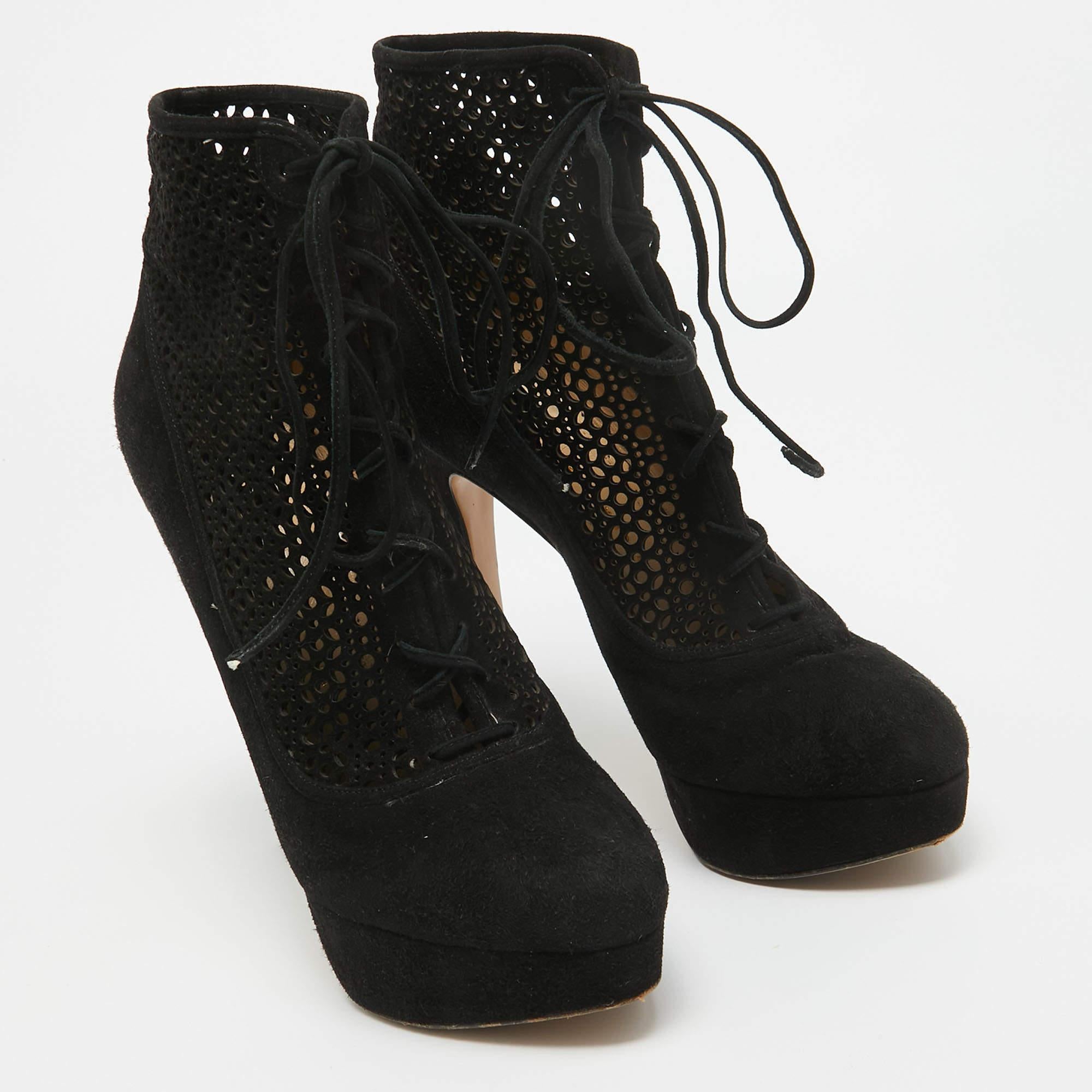Women's Charlotte Olympia Black Suede Lasercut Accents Ankle Boots Size 41 For Sale