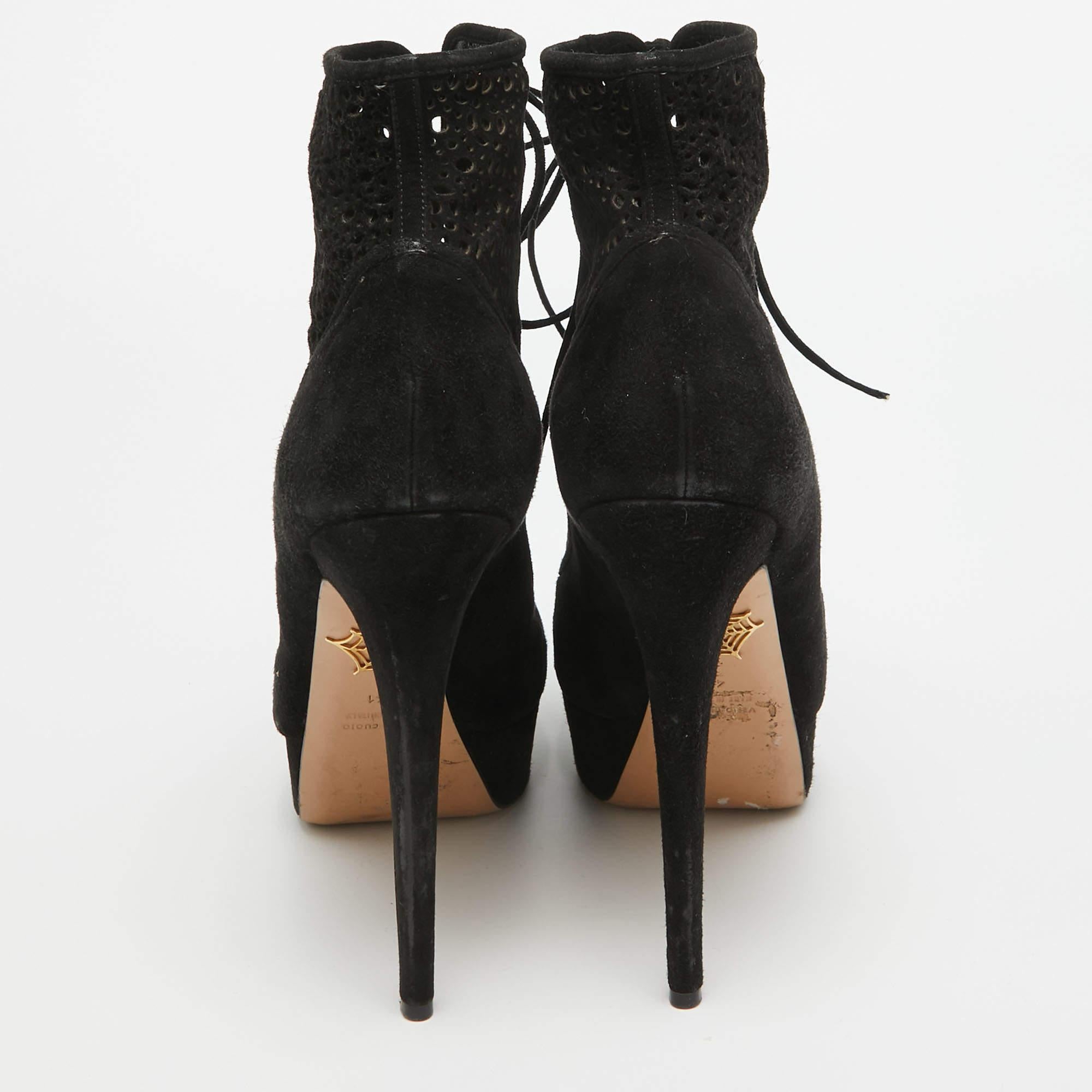 Charlotte Olympia Black Suede Lasercut Accents Ankle Boots Size 41 For Sale 1