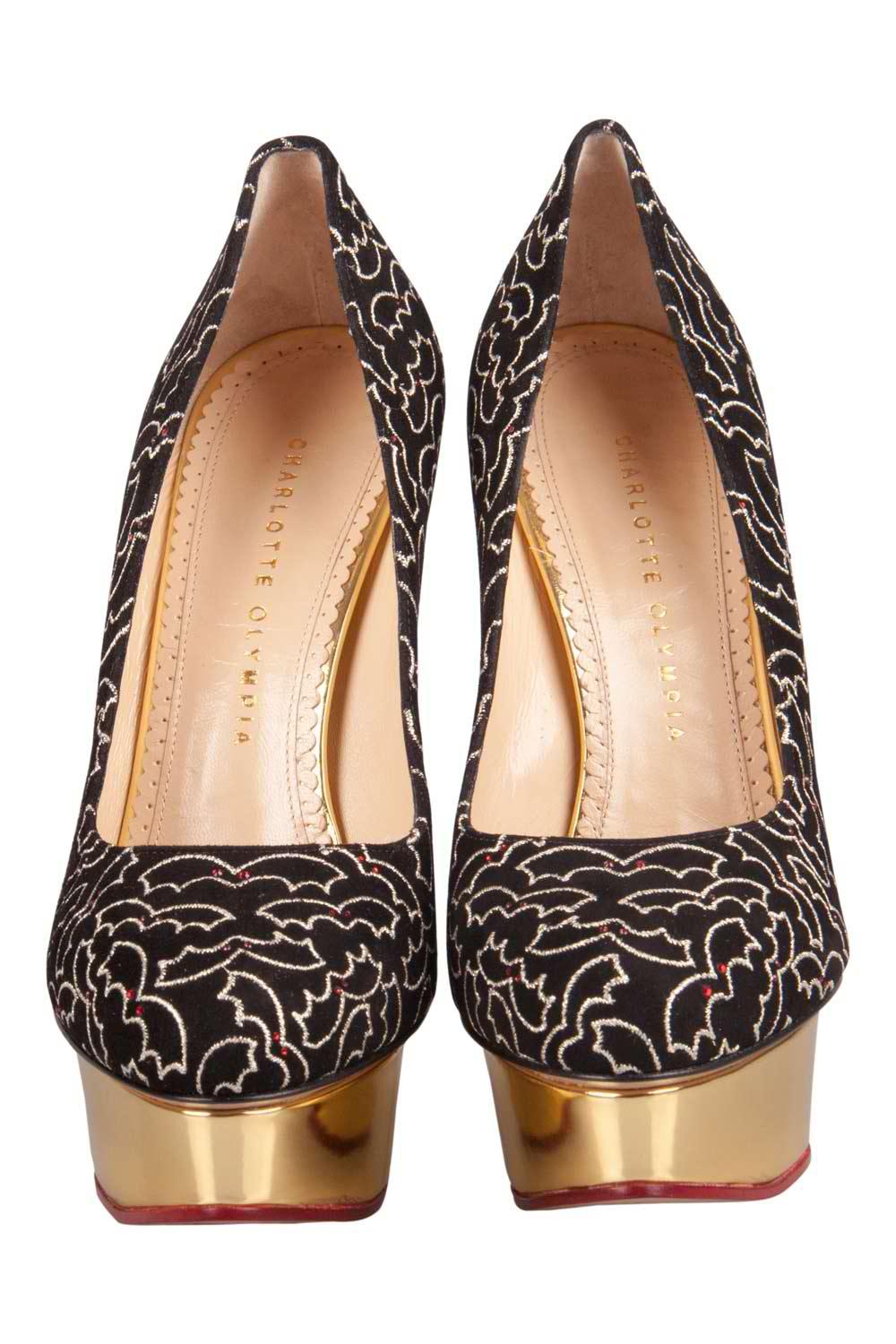 Own this meticulously designed pair of Charlotte Olympia pumps today and dazzle everyone whenever you step out! Crafted out of suede and lined with leather on the insoles, this creation features embroidery of bats all over. They have been beautified
