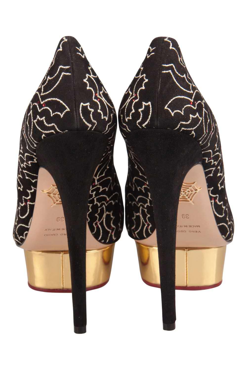 Charlotte Olympia Black Suede Midnight  Embroidered Platform Pumps Size 39 In New Condition In Dubai, Al Qouz 2