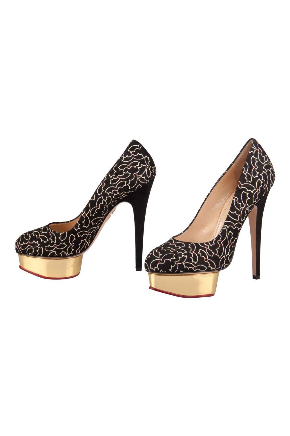 Charlotte Olympia Black Suede Midnight  Embroidered Platform Pumps Size 39 2