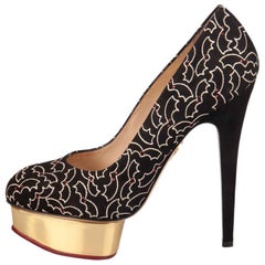 Charlotte Olympia Black Suede Midnight  Embroidered Platform Pumps Size 39