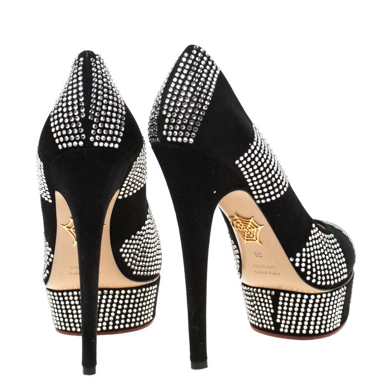 Charlotte Olympia Black Suede Paparazzi Crystal Embellished Pumps Size 38 In Good Condition In Dubai, Al Qouz 2