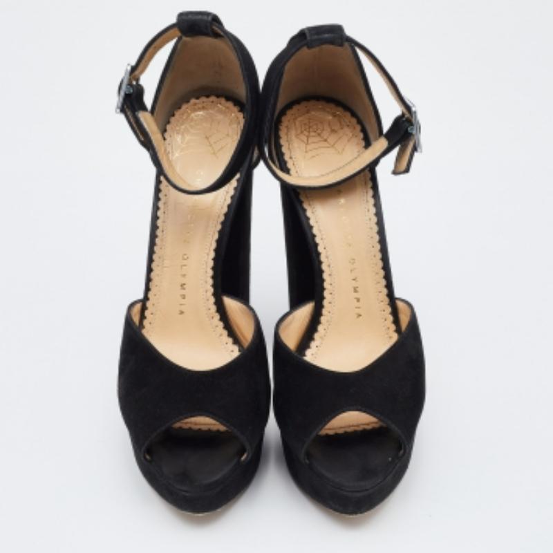 Noir Charlotte Olympia - Escarpins en daim noir à plateforme et bride de cheville - Taille 37,5 en vente