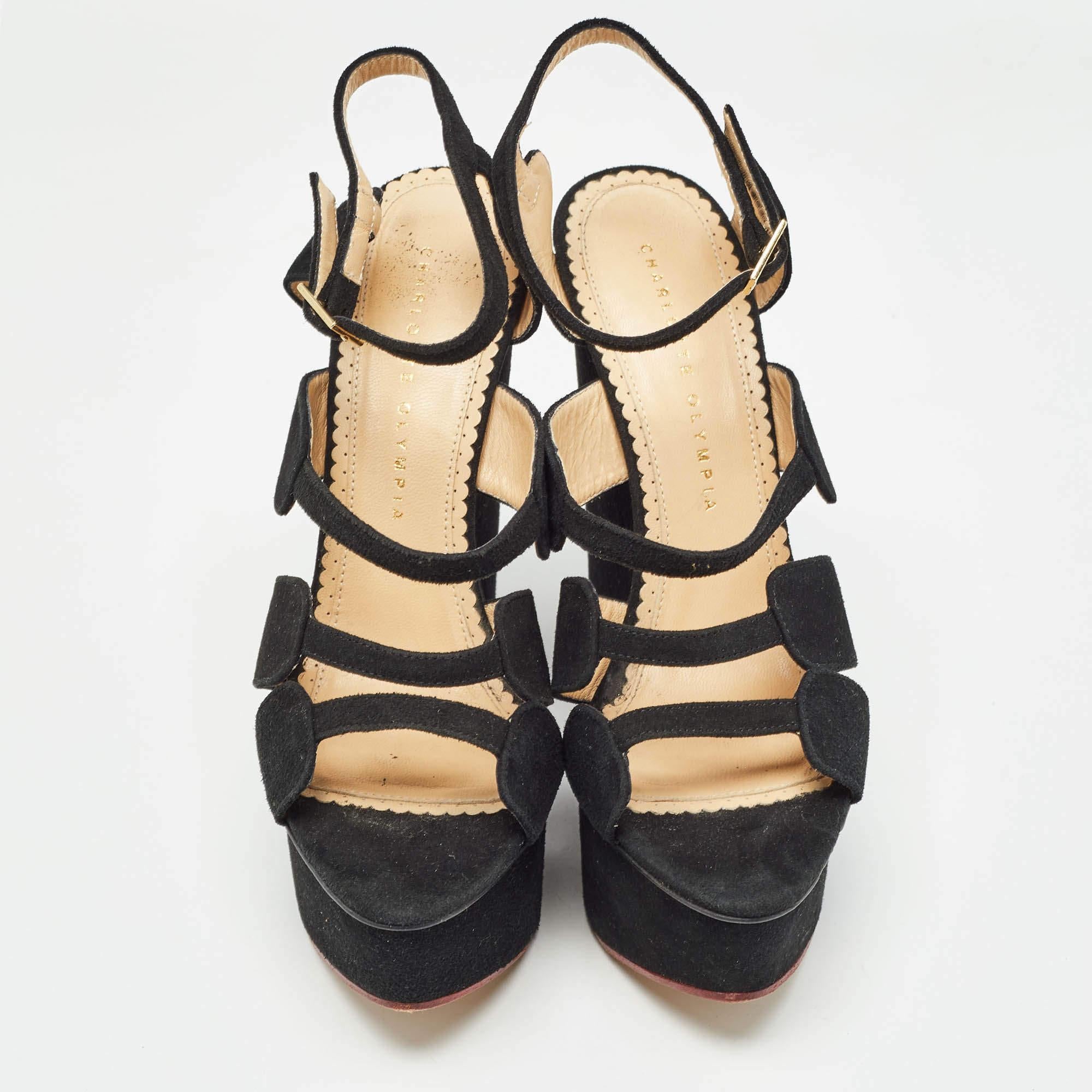 Charlotte Olympia Black Suede Platform Wedge Strappy Sandals Size 39 In Good Condition For Sale In Dubai, Al Qouz 2