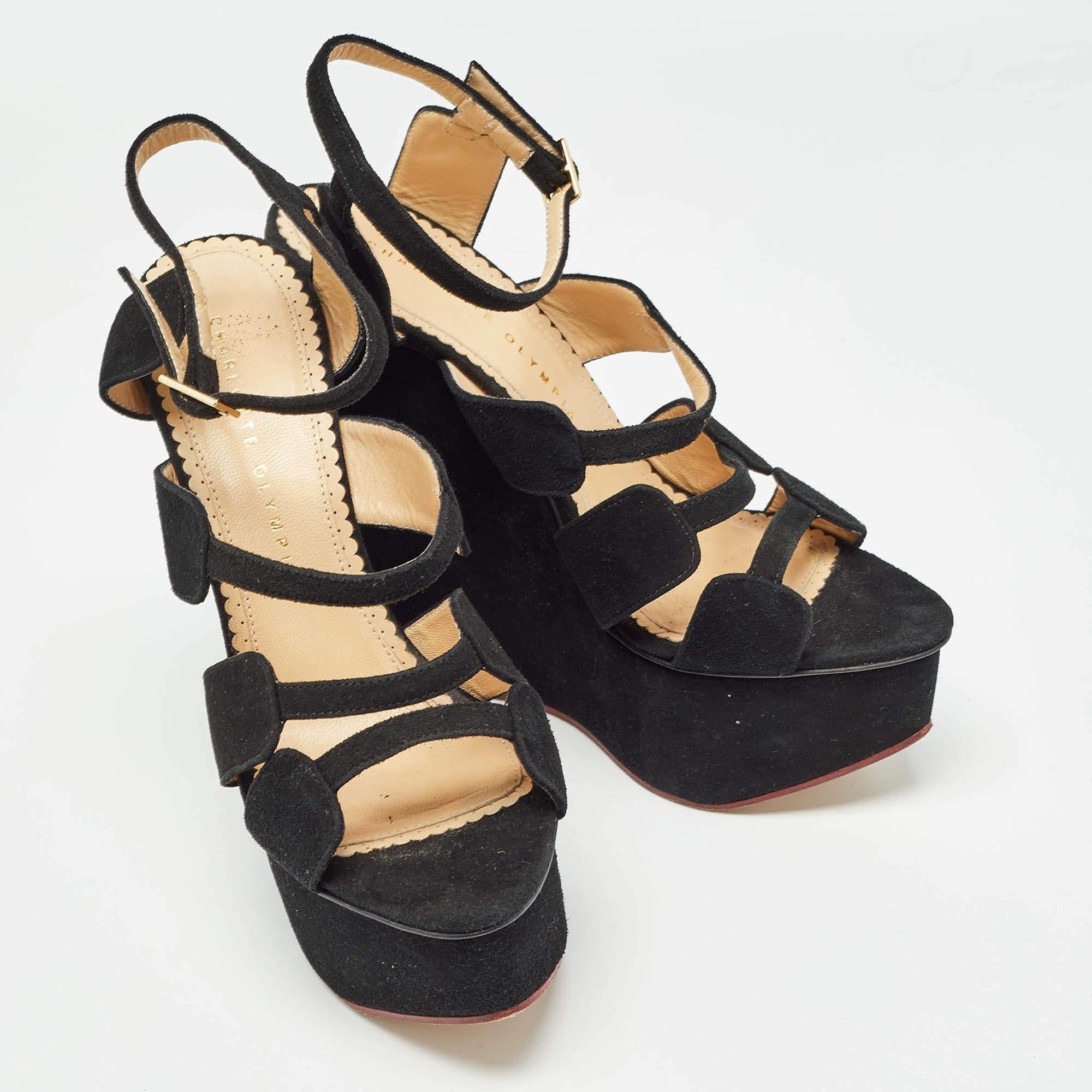 Women's Charlotte Olympia Black Suede Platform Wedge Strappy Sandals Size 39 For Sale