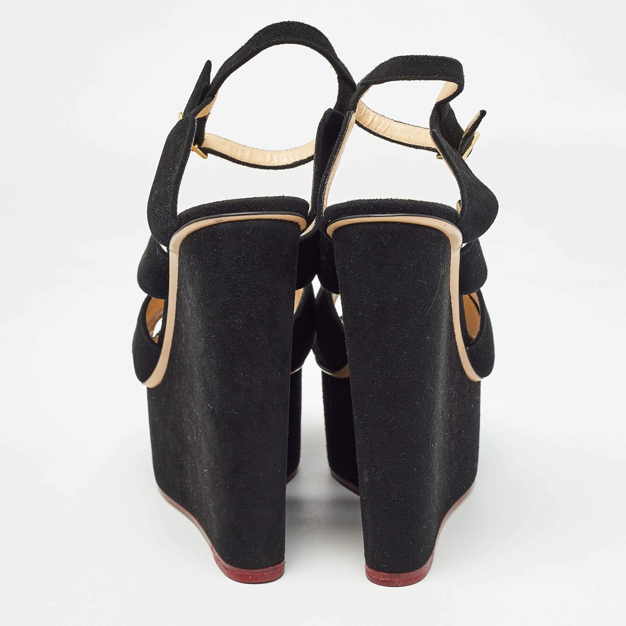 Charlotte Olympia Black Suede Platform Wedge Strappy Sandals Size 39 For Sale 1