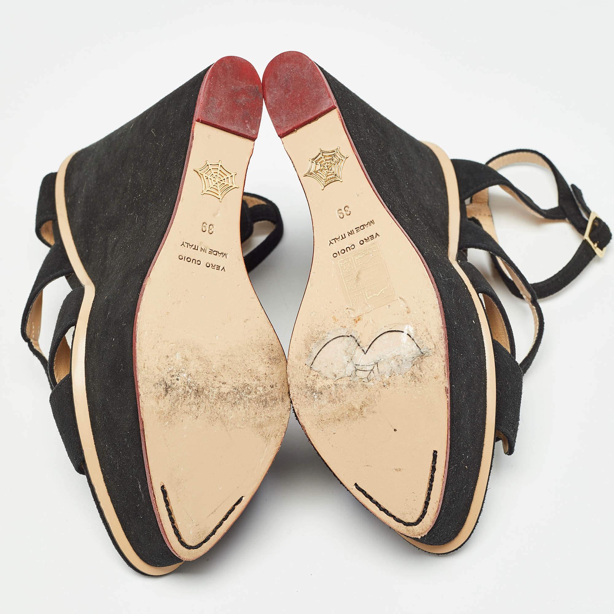 Charlotte Olympia Black Suede Platform Wedge Strappy Sandals Size 39 For Sale 2