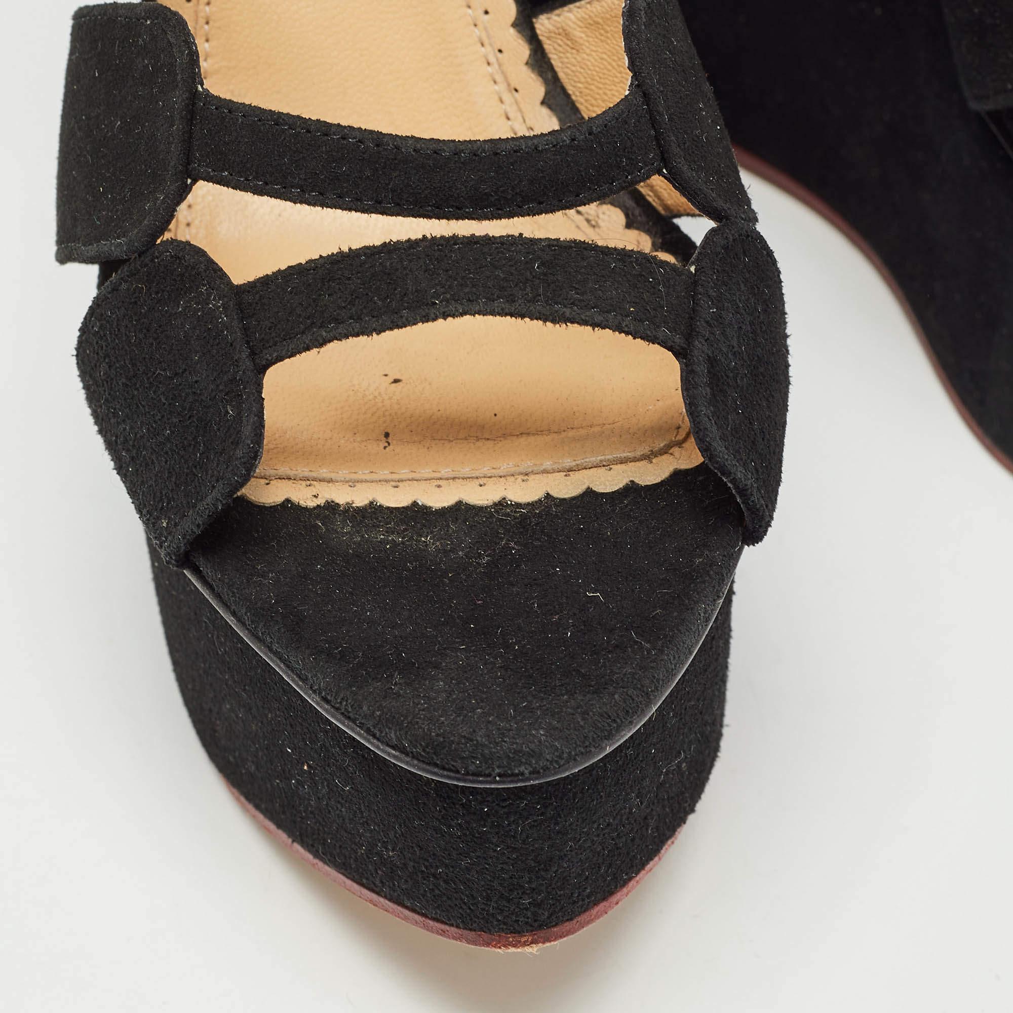 Charlotte Olympia Black Suede Platform Wedge Strappy Sandals Size 39 For Sale 3