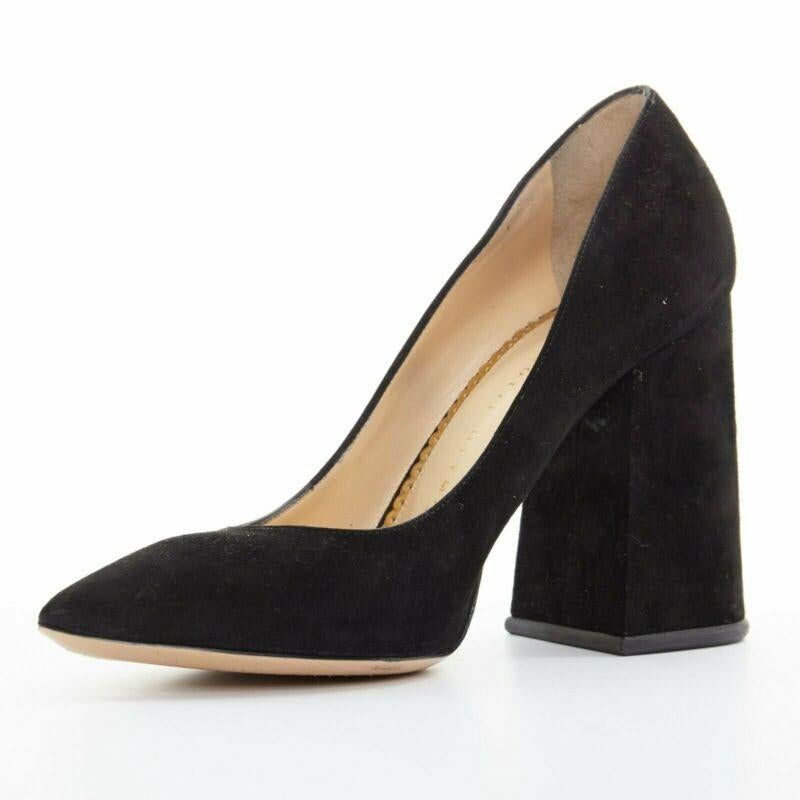 CHARLOTTE OLYMPIA black suede point toe spider embroidered chunky high heel EU35 In Good Condition For Sale In Hong Kong, NT