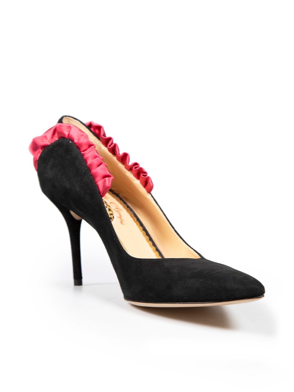 CONDITION is Very good. Hardly any visible wear to shoes is evident on this used Charlotte Olympia designer resale item.
 
 
 
 Details
 
 
 Black
 
 Suede
 
 Pumps
 
 Point toe
 
 Pink satin ruffle trim
 
 Slip on
 
 High heeled
 
 
 
 
 
 Made in