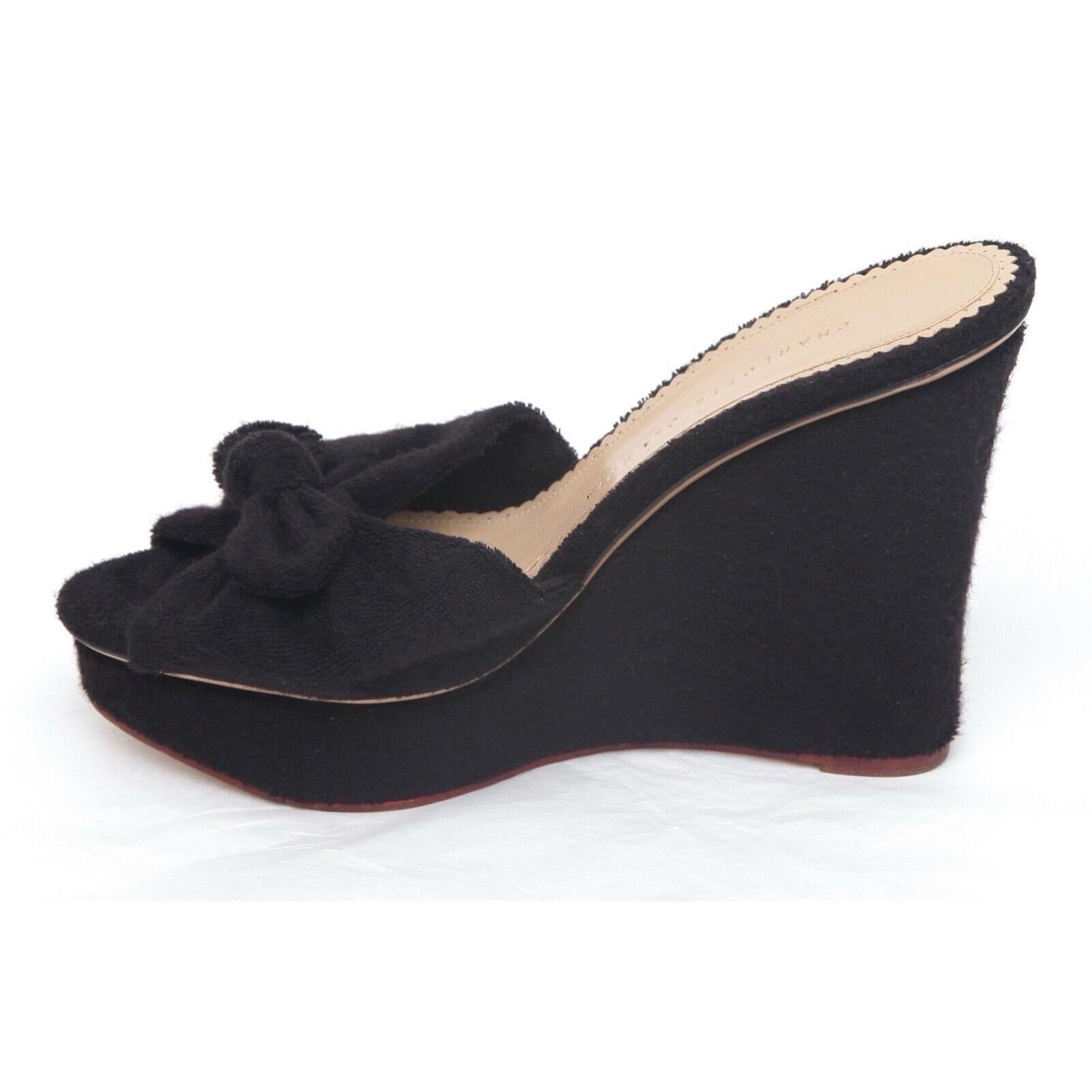 CHARLOTTE OLYMPIA Black Terry Cloth Wedge Platform Slide Sandal Bow Sz 38.5 In Good Condition In Hollywood, FL