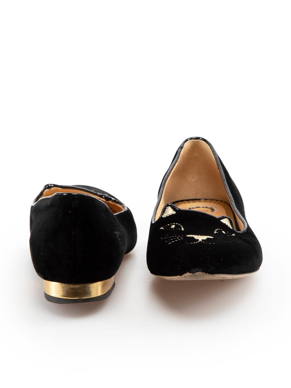 Charlotte Olympia Black Velvet Cat Detail Flats Size IT 36.5 In Excellent Condition In London, GB