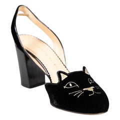 Charlotte Olympia Black Velvet Cat Pattern Heels Size IT 40.5