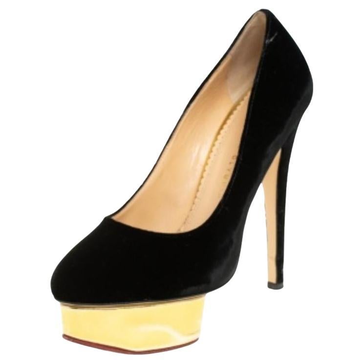 Charlotte Olympia Black Velvet Dolly Pumps Size 38 For Sale