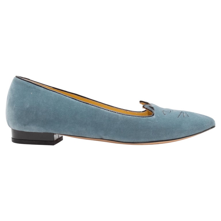 Charlotte Olympia Blue and Black Velvet Cat Face Flats For Sale at 1stDibs