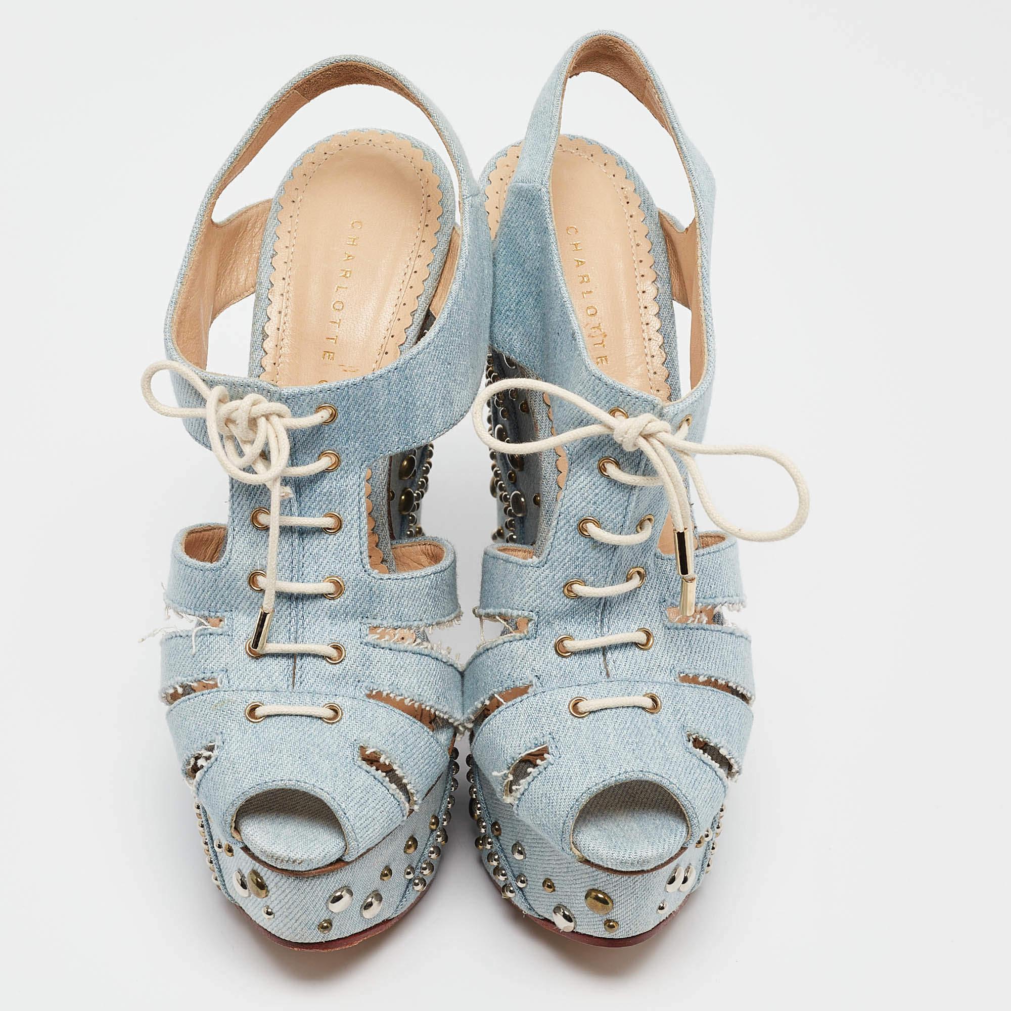 Gray Charlotte Olympia Blue Denim Studded Cut Out Wedge Platform Sandals Size 37 For Sale