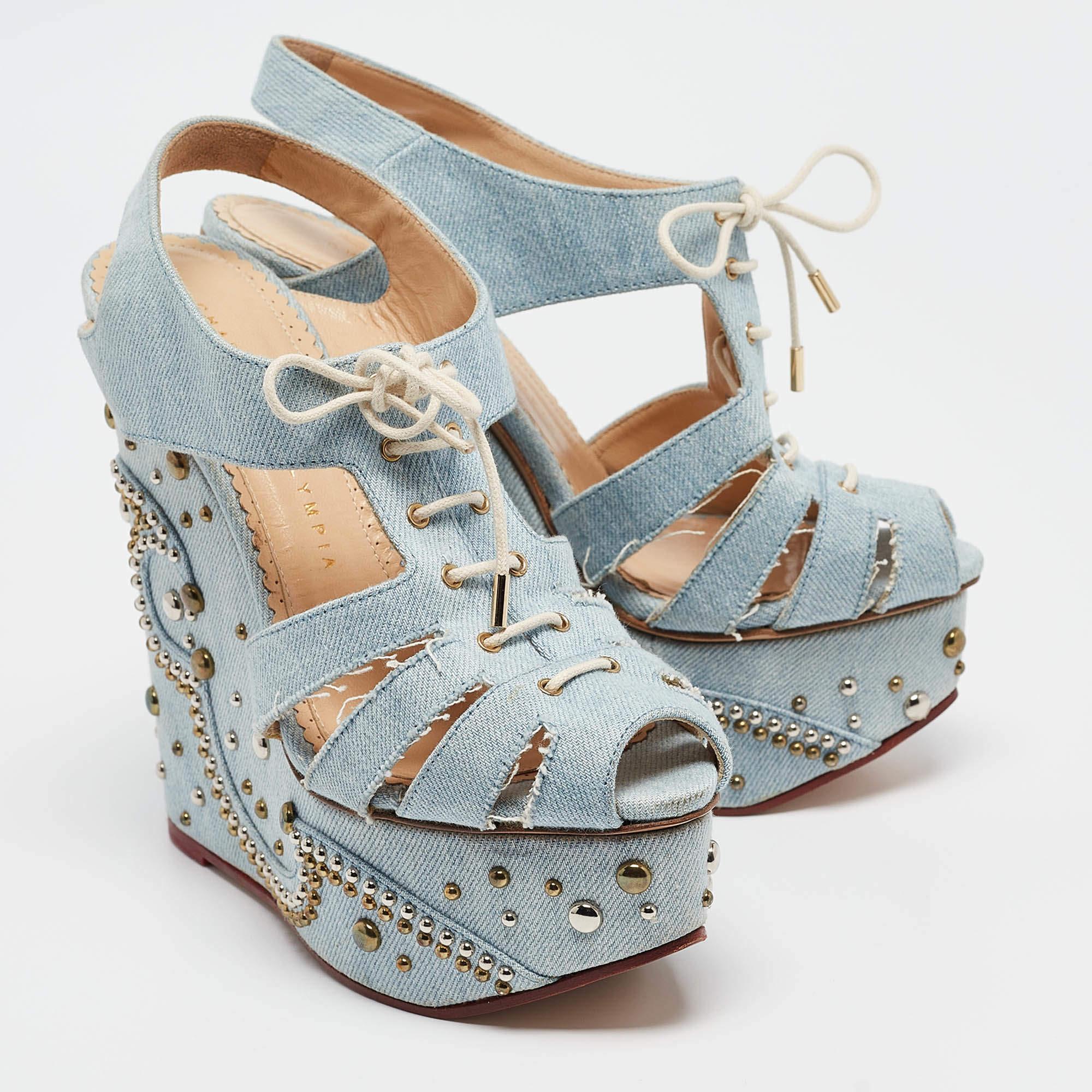 Charlotte Olympia Blue Denim Studded Cut Out Wedge Platform Sandals Size 37 In Excellent Condition For Sale In Dubai, Al Qouz 2