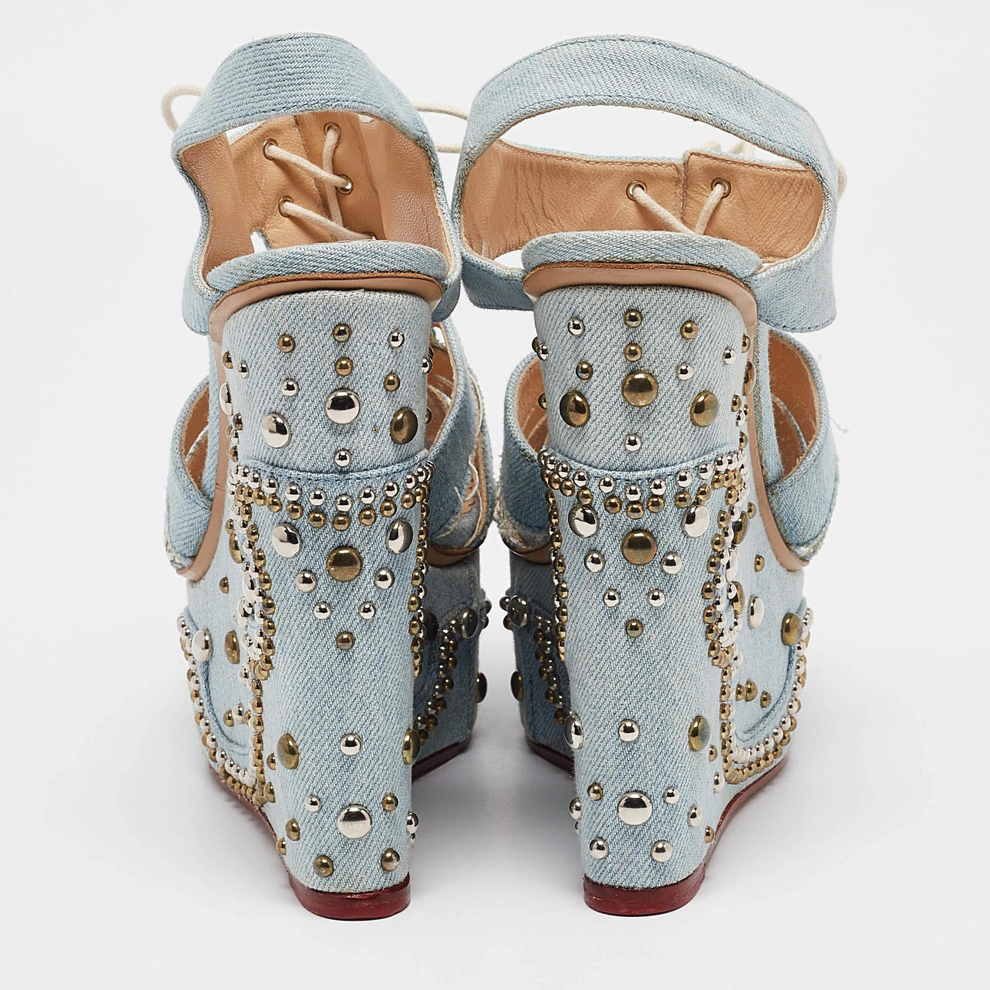 Women's Charlotte Olympia Blue Denim Studded Cut Out Wedge Platform Sandals Size 37 For Sale