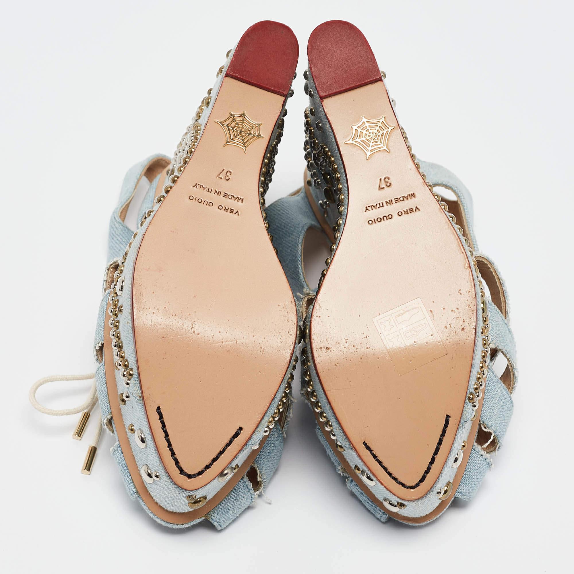 Charlotte Olympia Blue Denim Studded Cut Out Wedge Platform Sandals Size 37 For Sale 1