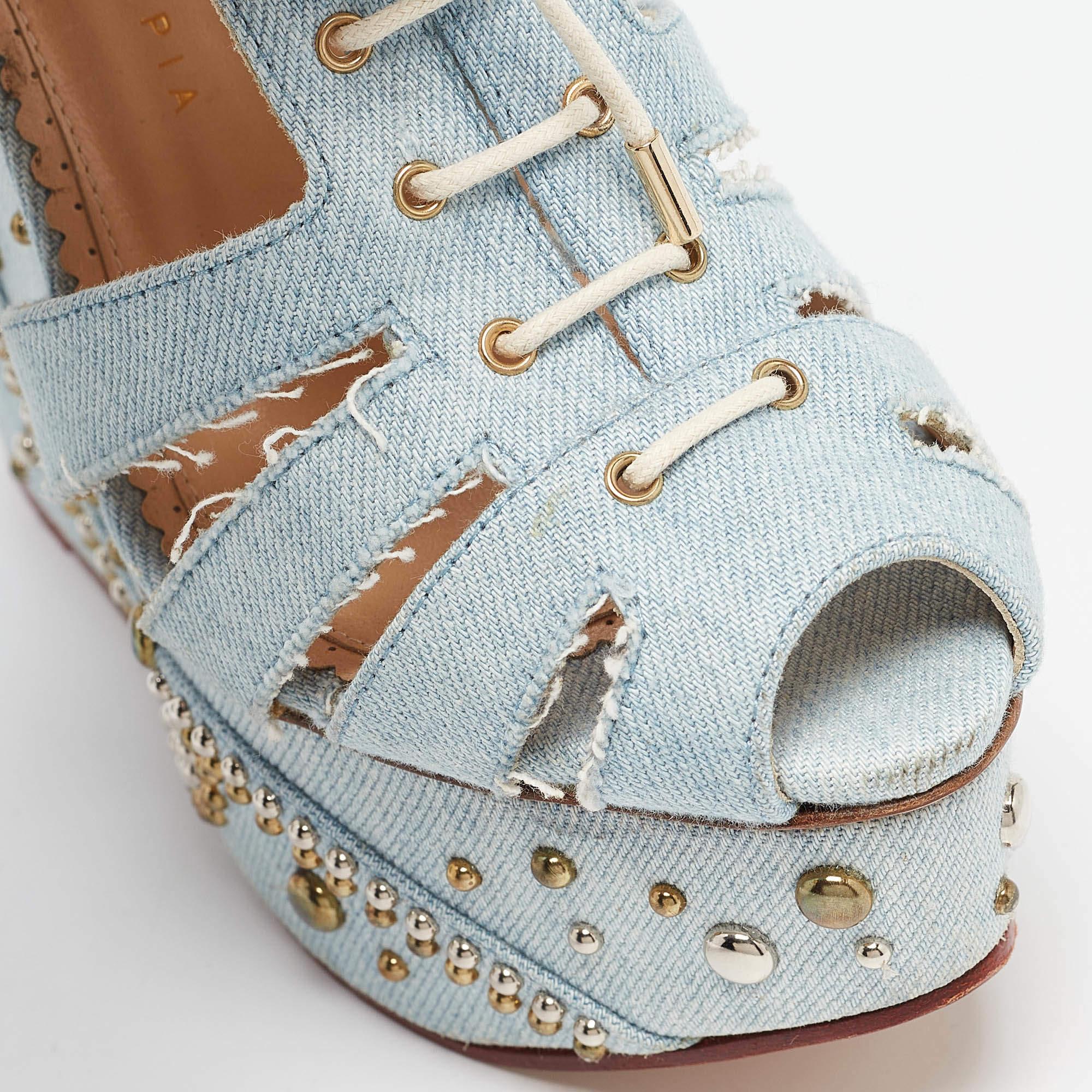 Charlotte Olympia Blue Denim Studded Cut Out Wedge Platform Sandals Size 37 For Sale 2