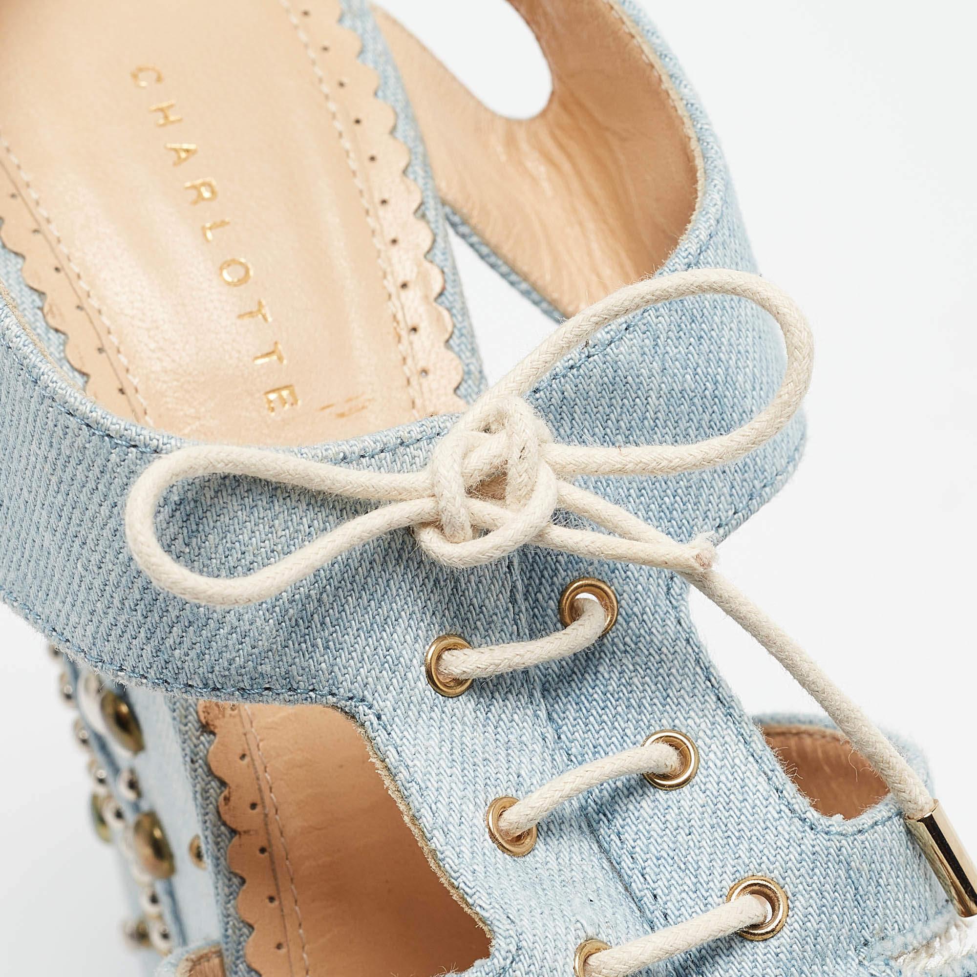 Charlotte Olympia Blue Denim Studded Cut Out Wedge Platform Sandals Size 37 For Sale 3