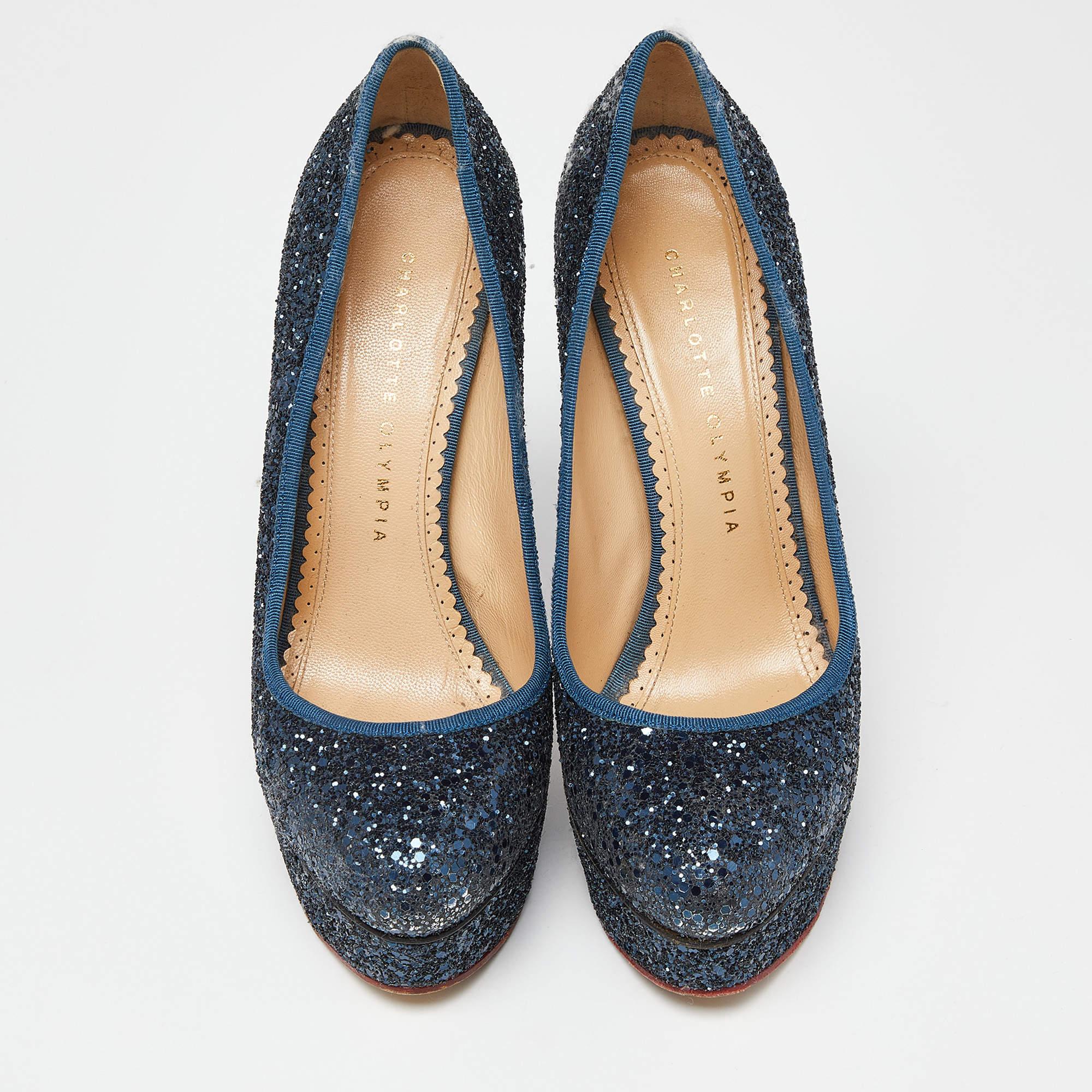 Black Charlotte Olympia Blue Glitter and Fabric Priscilla Platform Pumps Size 38 For Sale