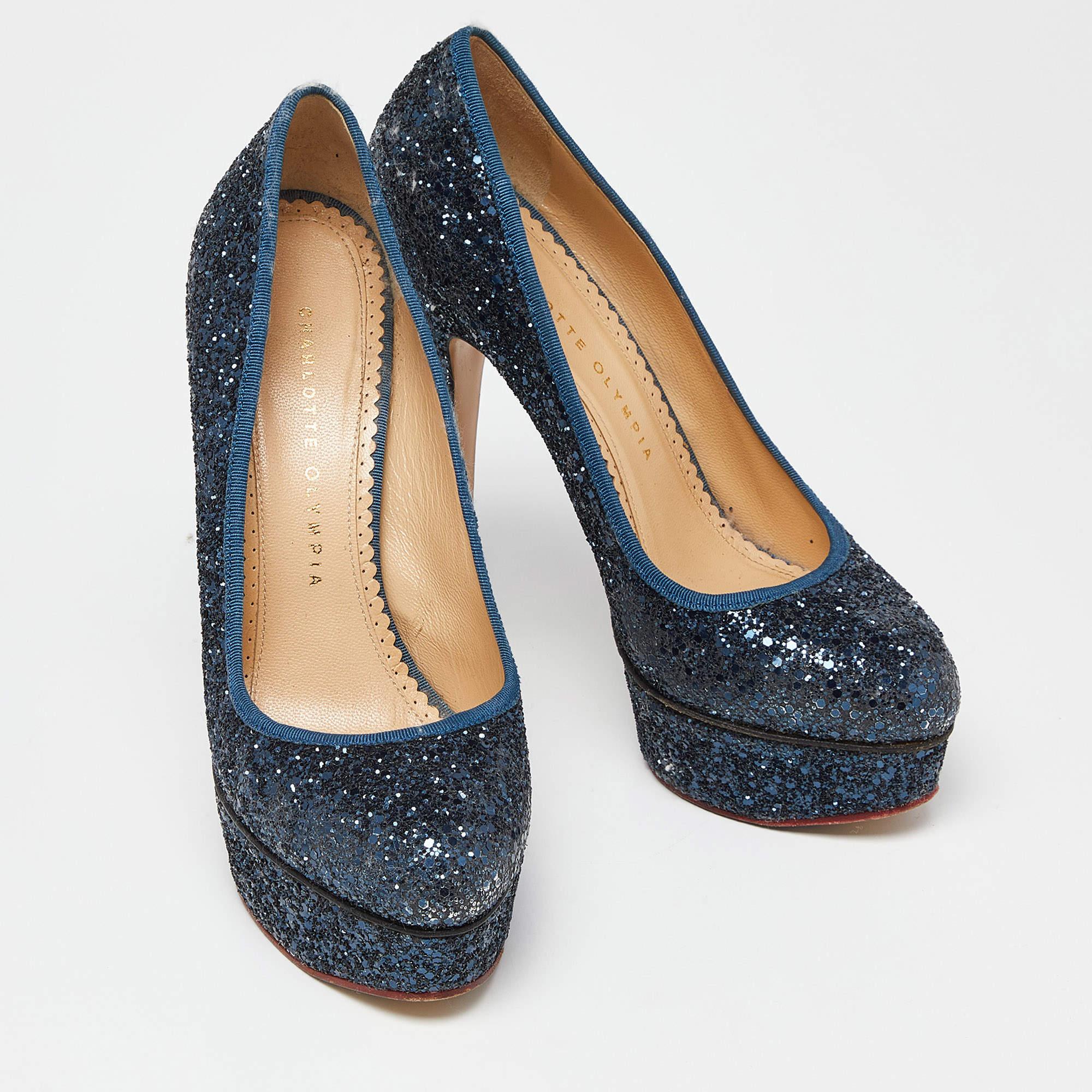 Charlotte Olympia Blue Glitter and Fabric Priscilla Platform Pumps Size 38 In Fair Condition For Sale In Dubai, Al Qouz 2