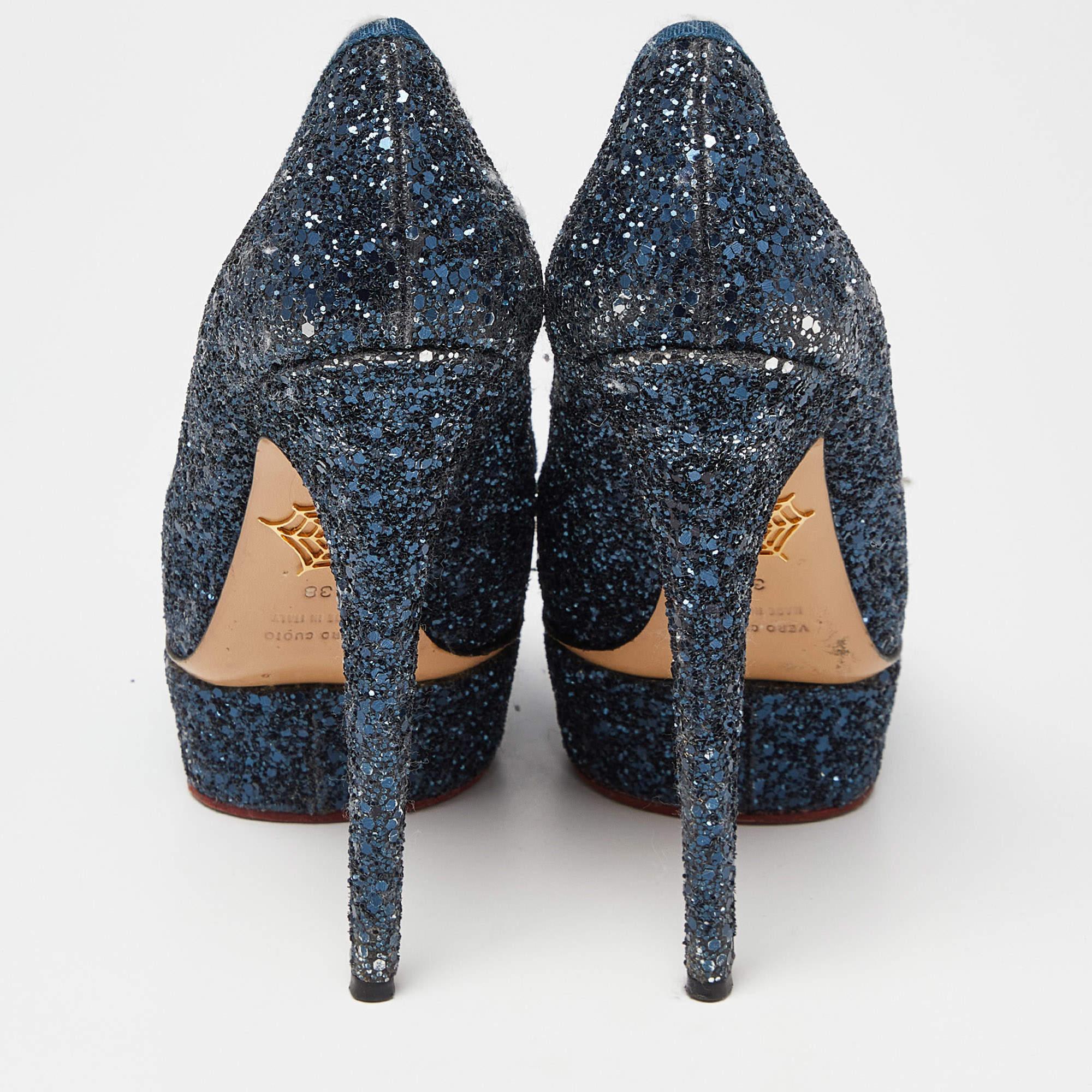 Women's Charlotte Olympia Blue Glitter and Fabric Priscilla Platform Pumps Size 38 For Sale