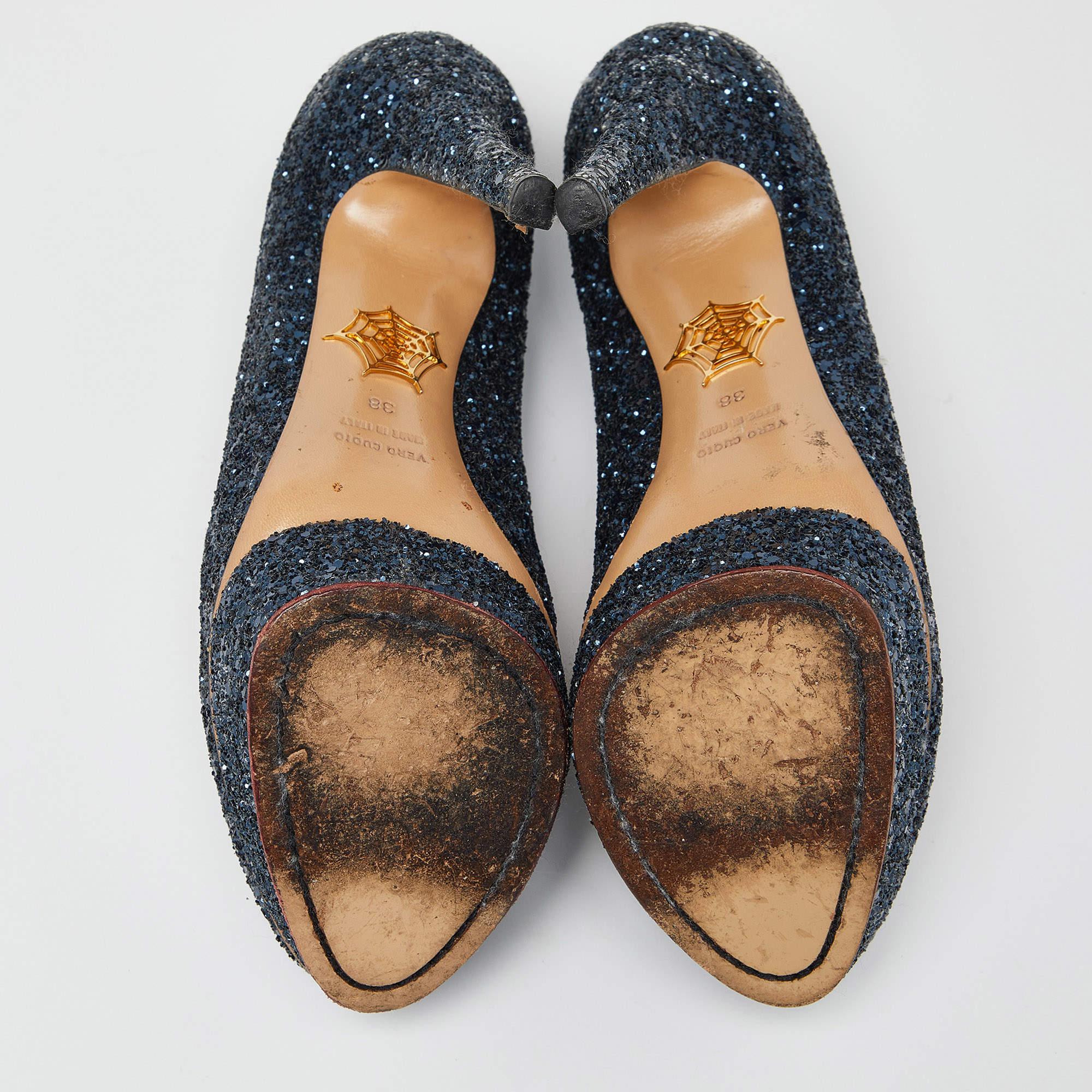 Charlotte Olympia Blue Glitter and Fabric Priscilla Platform Pumps Size 38 For Sale 1
