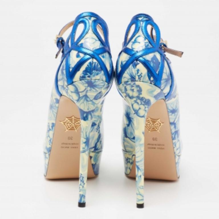 Charlotte Olympia Blue Ming Koi Carp Print Patent Leather Ankle Strap Pumps 39 For Sale 1