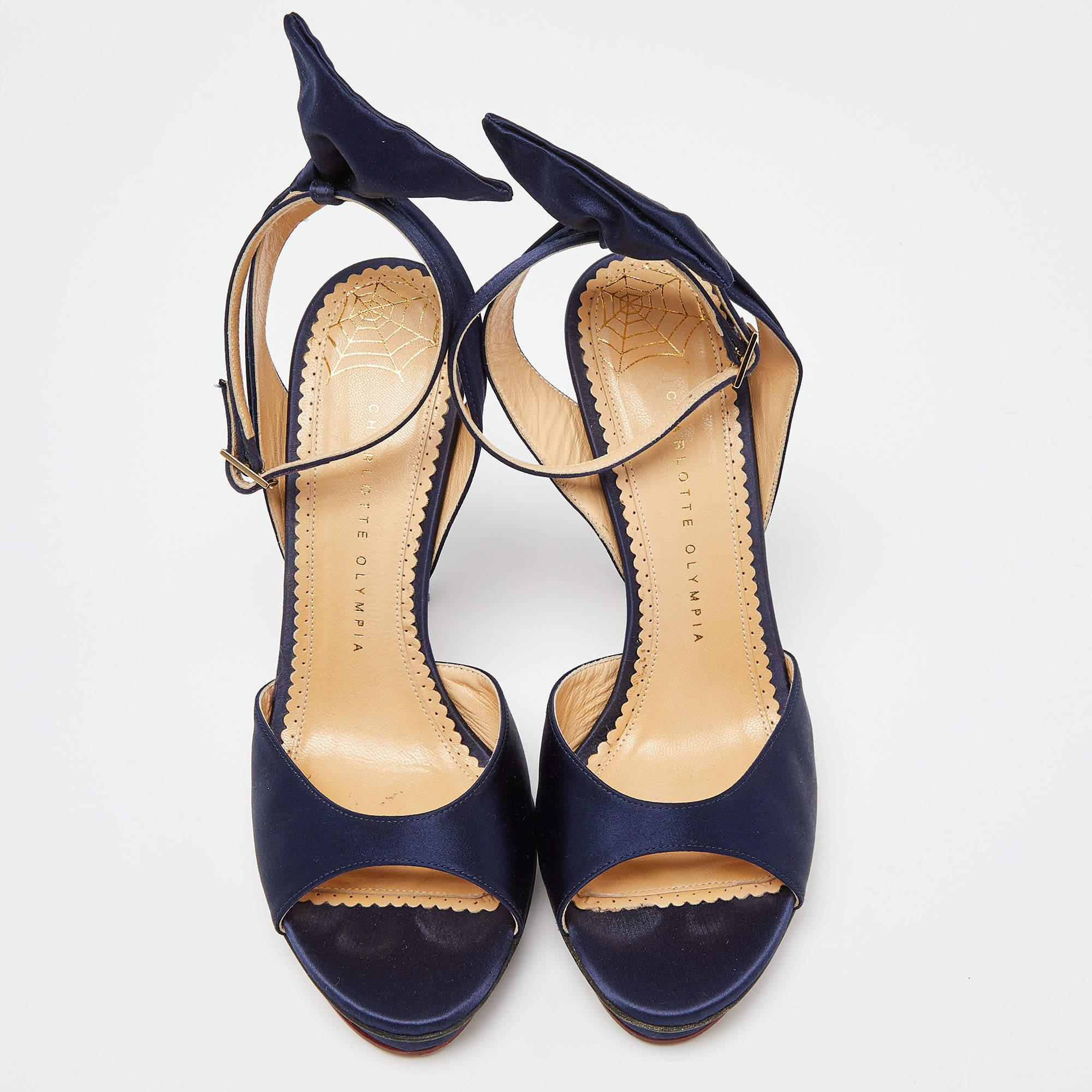 Black Charlotte Olympia Blue Satin Wallace Ankle Strap Sandals Size 41 For Sale