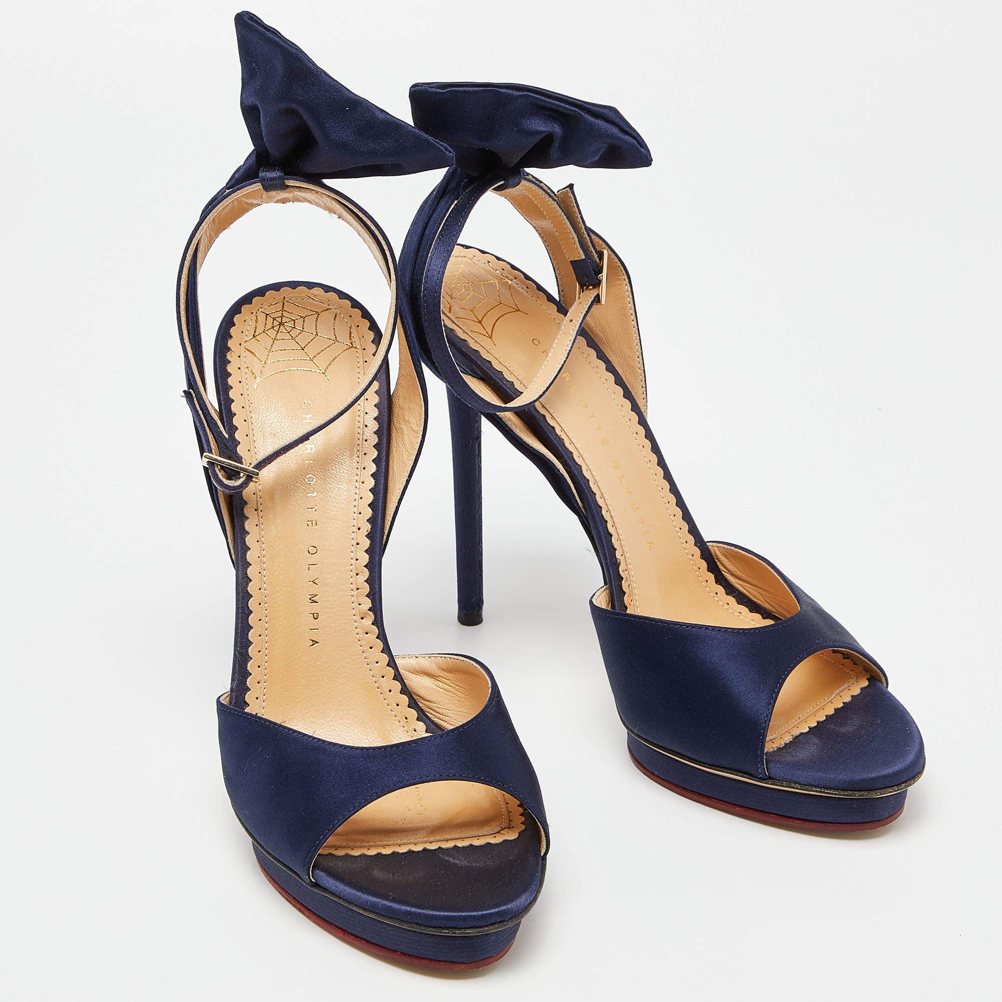 Charlotte Olympia Blue Satin Wallace Ankle Strap Sandals Size 41 In Fair Condition For Sale In Dubai, Al Qouz 2