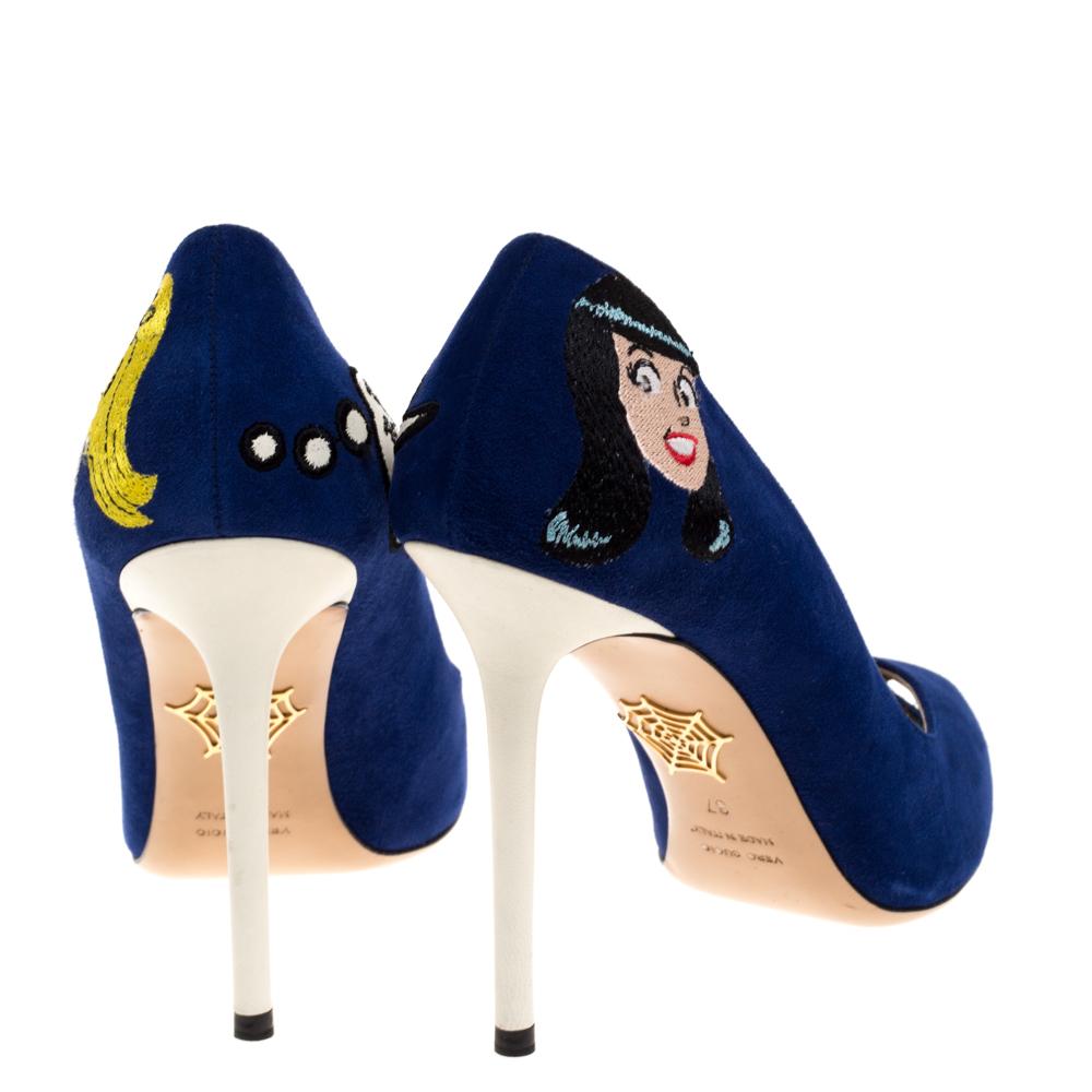 Charlotte Olympia Blue Suede Archie Comic Peep Toe Pumps Size 37 For ...