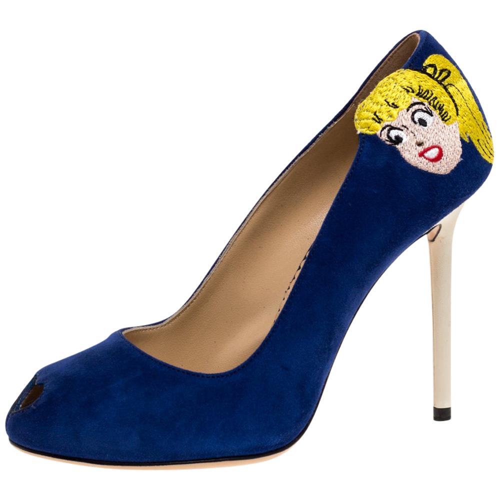 Charlotte Olympia Blue Suede Archie Comic Peep Toe Pumps Size 37 For