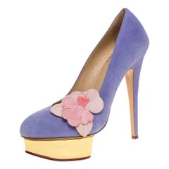 Charlotte Olympia Blue Suede Dolly Orchid Platform Pumps Size 39