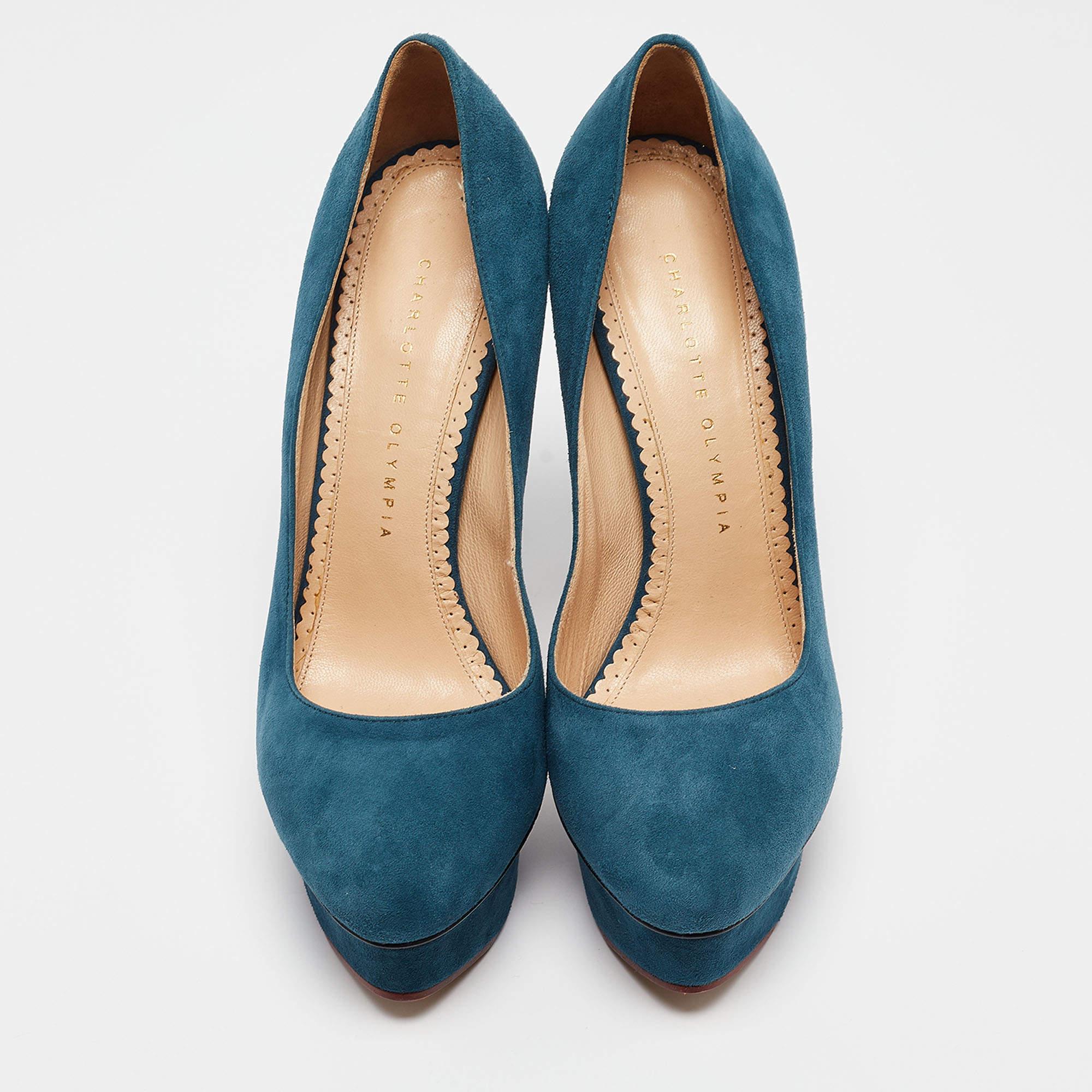 Bleu Charlotte Olympia - Escarpins à plateforme Dolly en daim bleu, taille 38 en vente