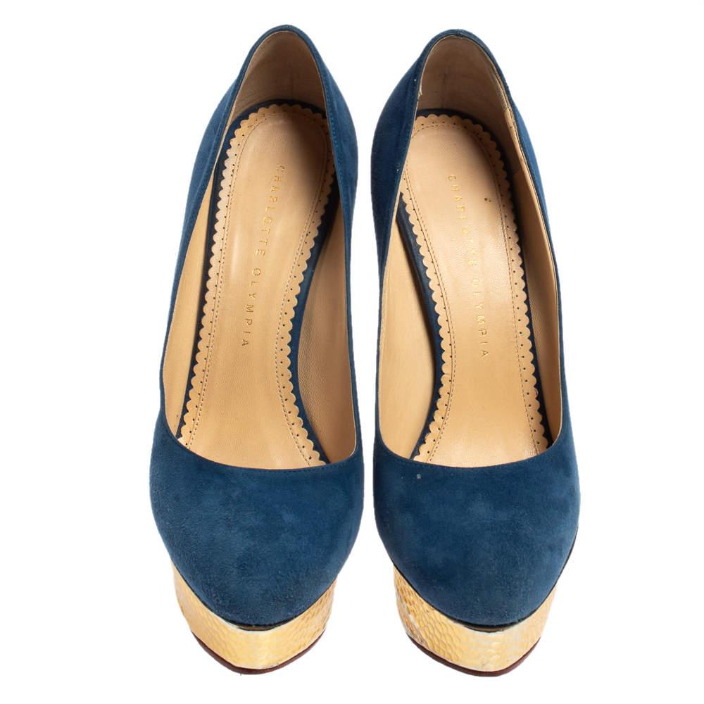 Black Charlotte Olympia Blue Suede Dolly Platform Pumps Size 38.5