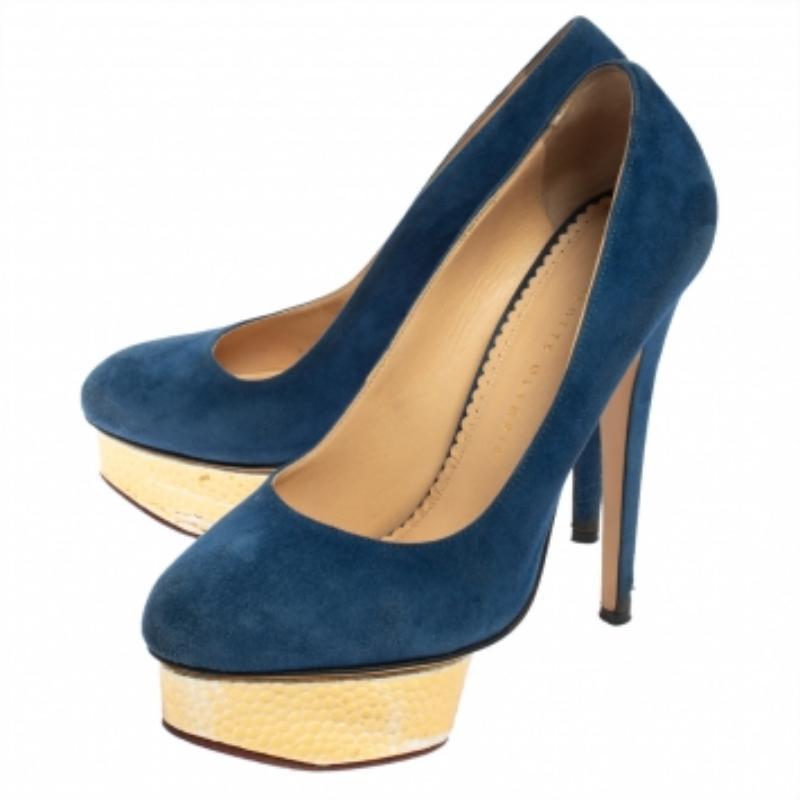 Black Charlotte Olympia Blue Suede Dolly Platform Pumps Size 38.5 For Sale