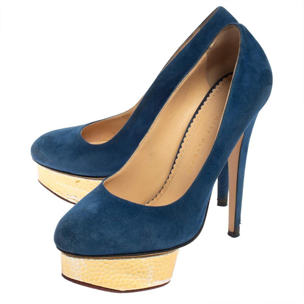 Charlotte Olympia Blue Suede Dolly Platform Pumps Size 38.5 In Fair Condition In Dubai, Al Qouz 2