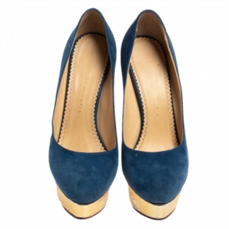 Charlotte Olympia Blue Suede Dolly Platform Pumps Size 38.5 In Fair Condition For Sale In Dubai, Al Qouz 2
